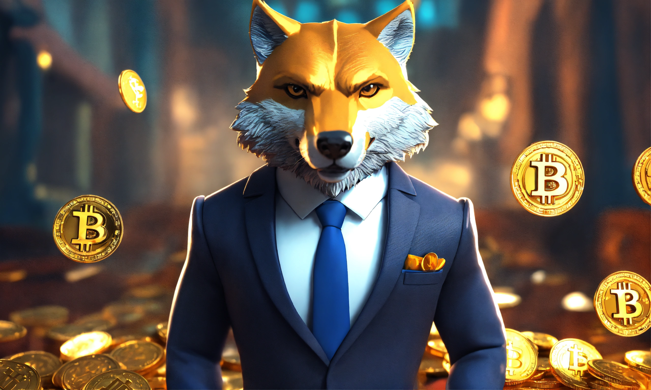 Lexica - A bitcoin wolf in a suit with Indian rupee on hand, 3d cartoon ...