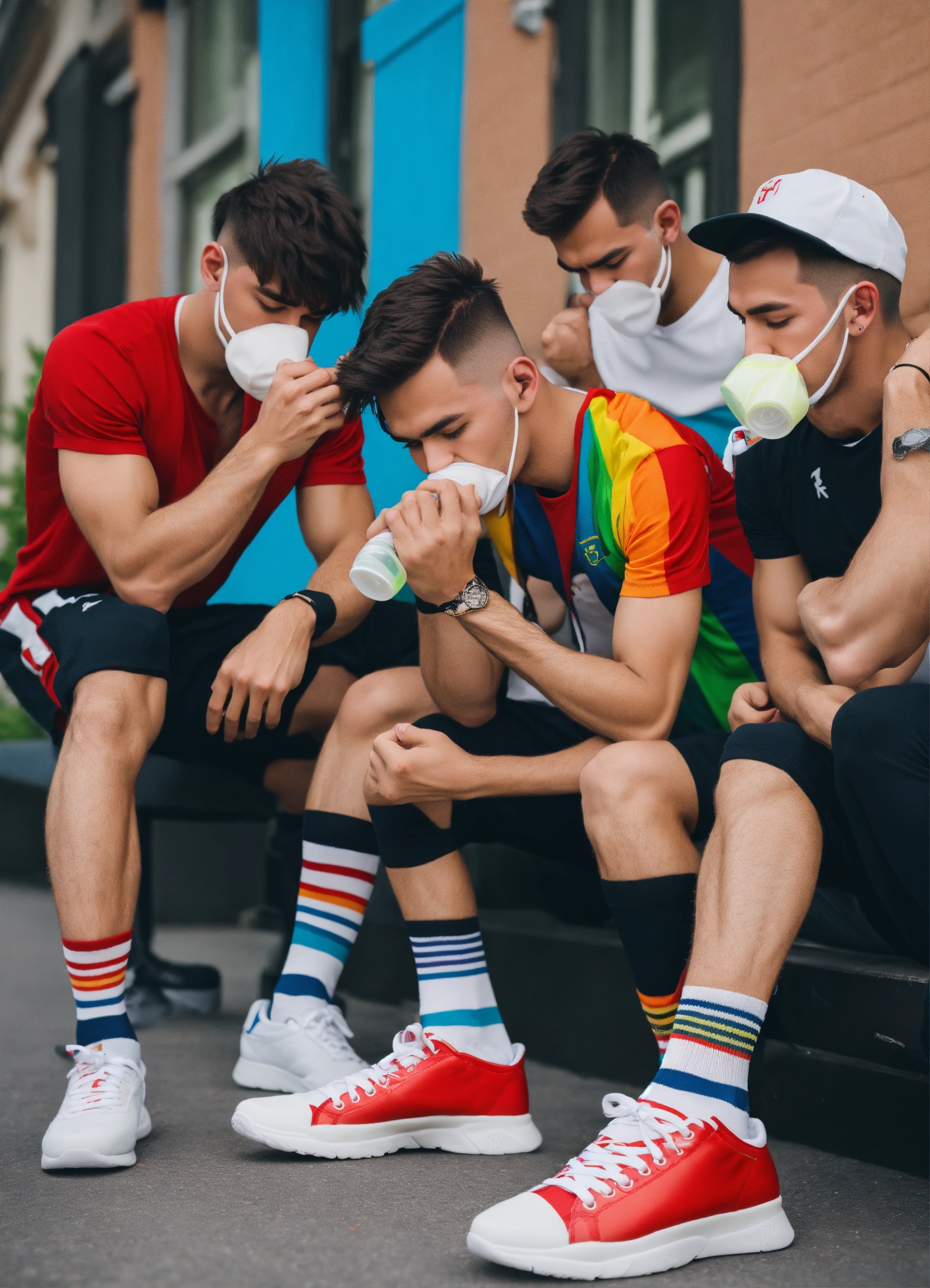 Lexica - Group of Skinny Guys smelling sneakers tik tok jocks, gay,  sniffing socks