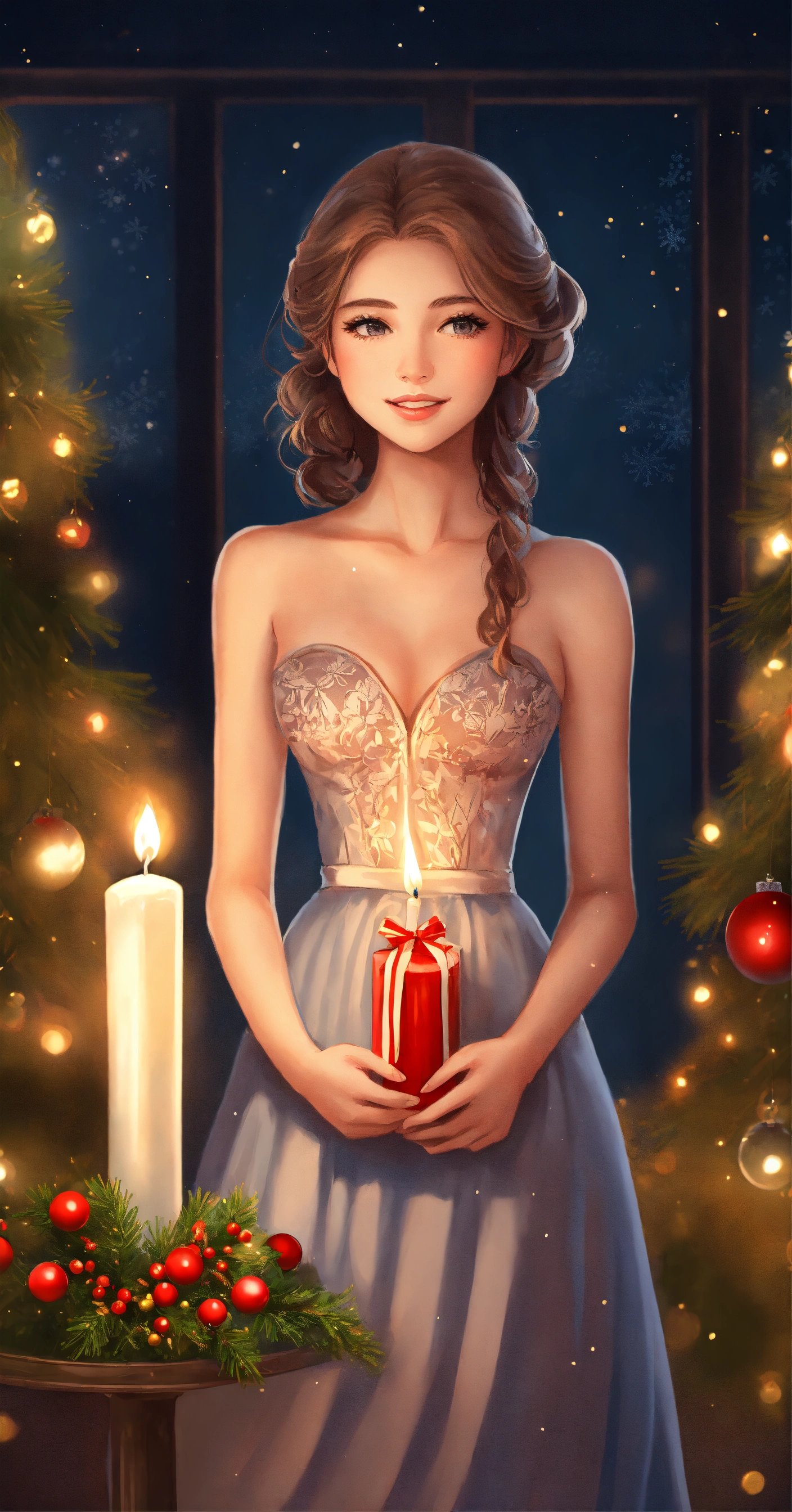 Lexica - Full body,Cute girl with down hair, holding christmas candle, in  romantic illustrations style, cartoon but realistic woman, wearing  christma...