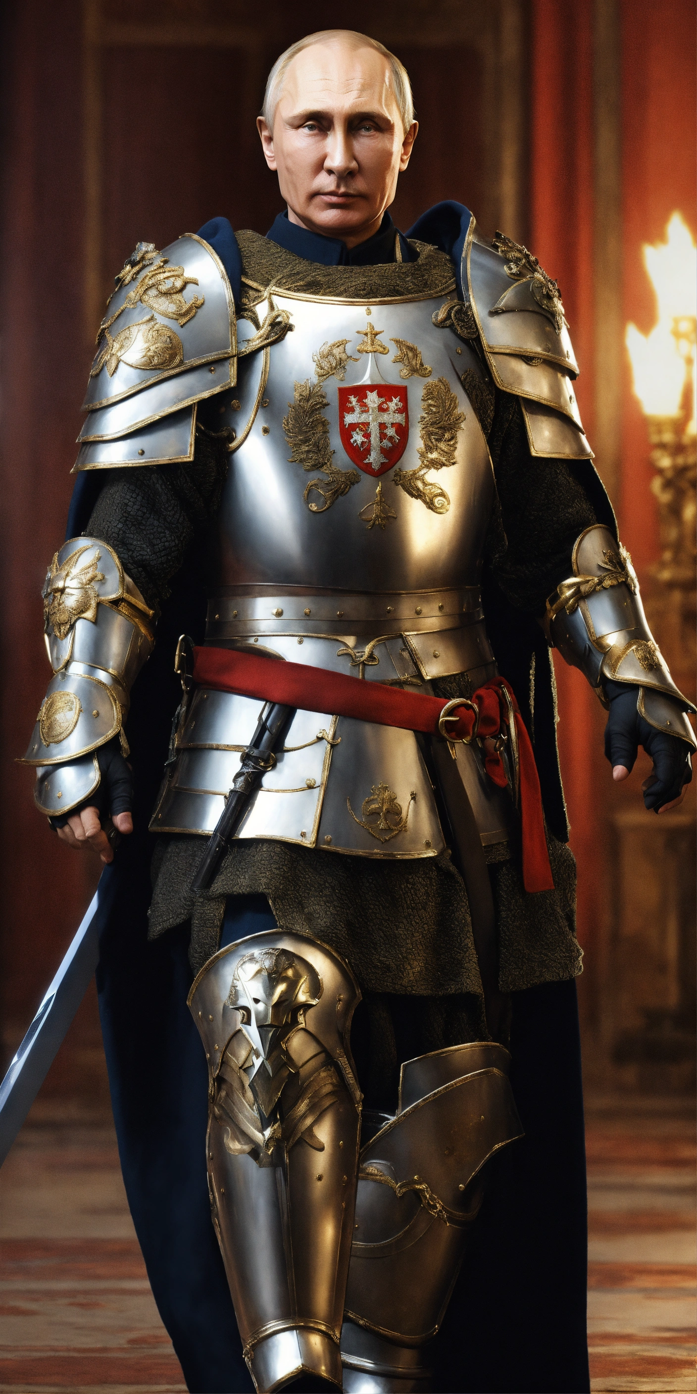 Lexica - Vladimir Putin In A Templar Armor Suit With Sword In His Hand ...