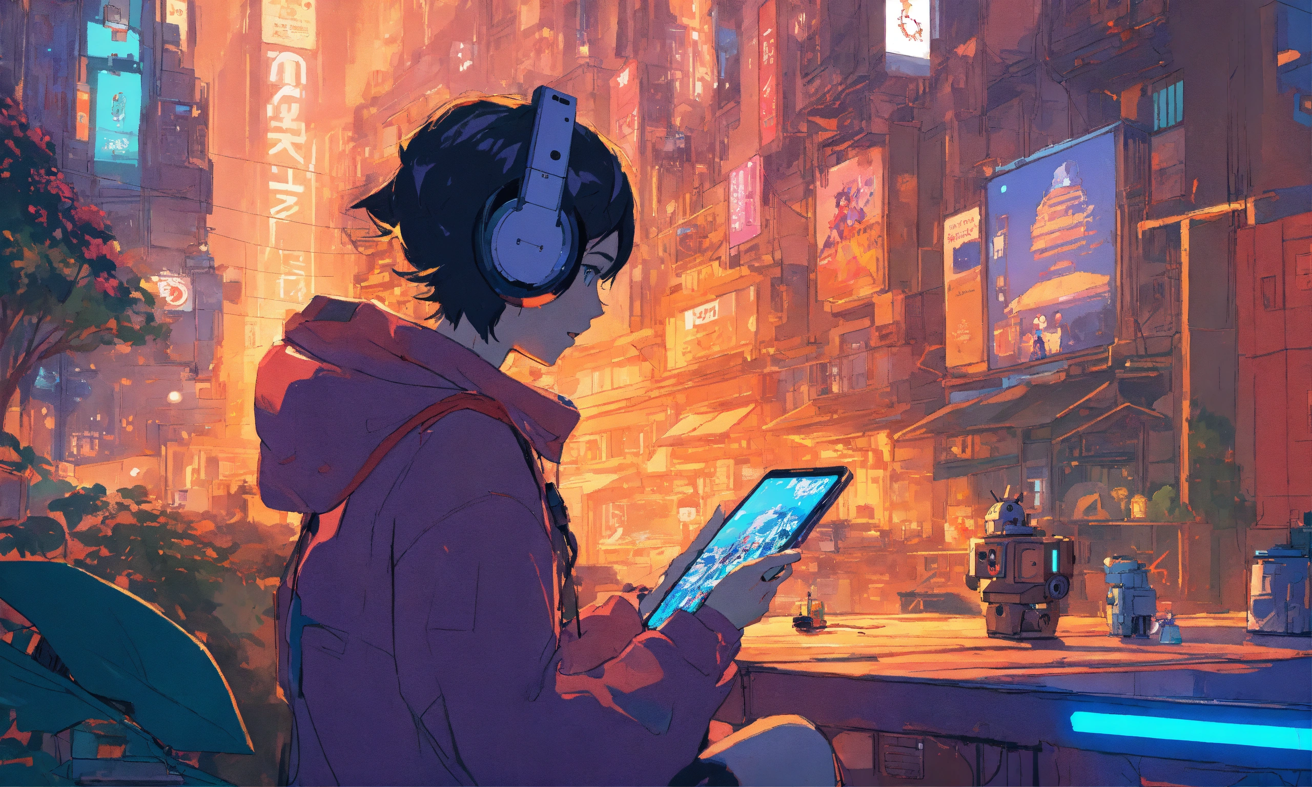 Lexica - Photo of a character playing on phone, robot city, style of ...