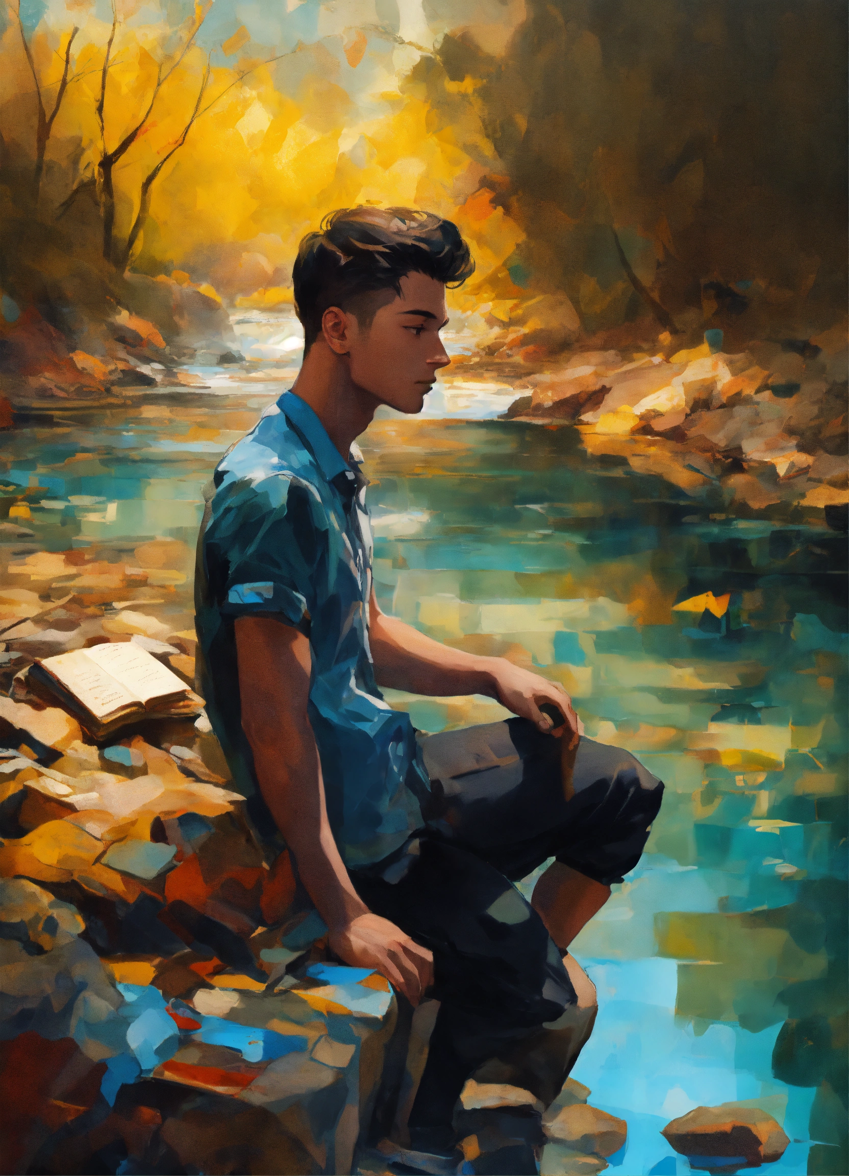 Lexica - Abstract, young man sitting next to a river, treasure