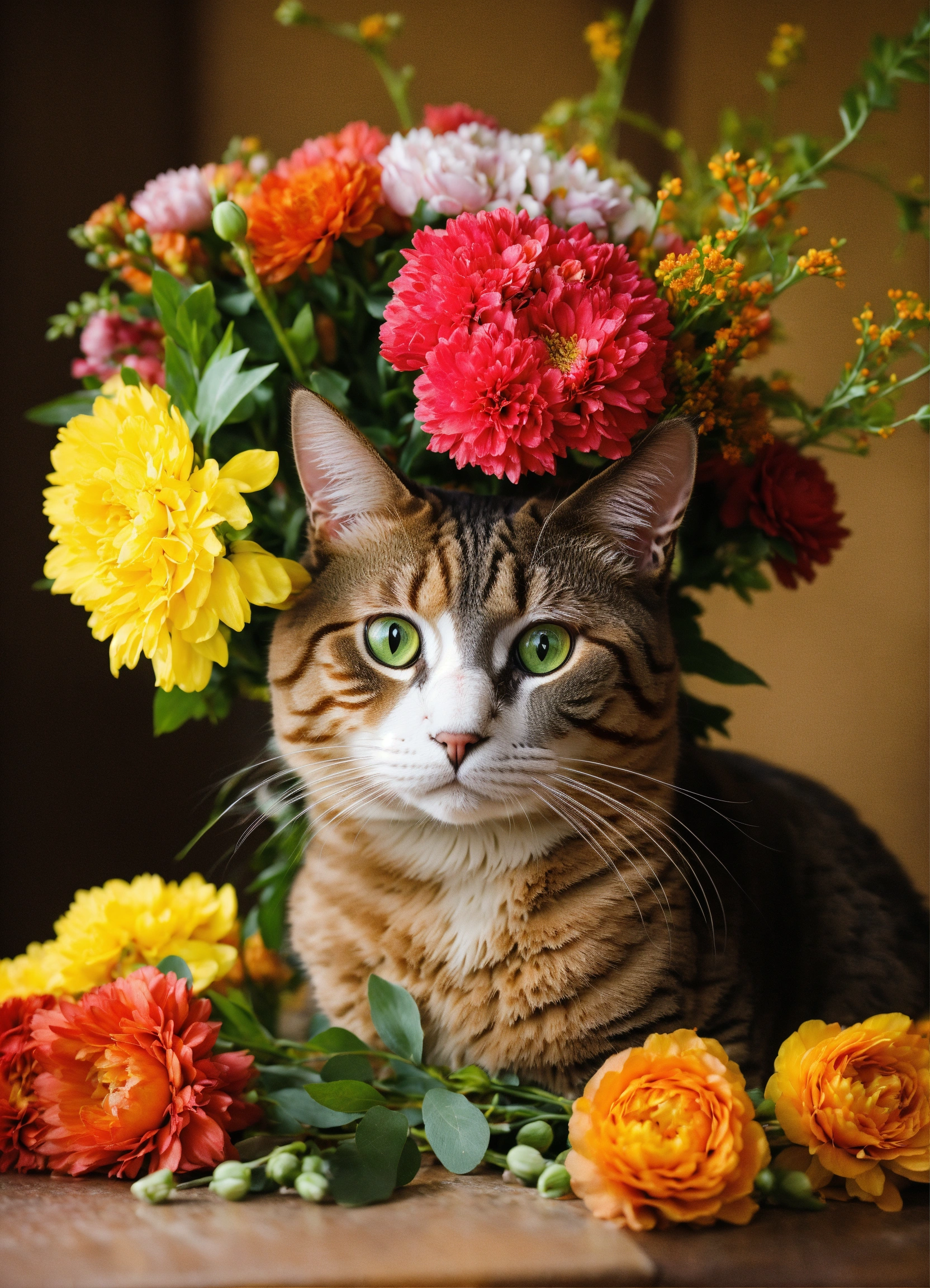 Lexica - Cat makes a bouquet of flowers