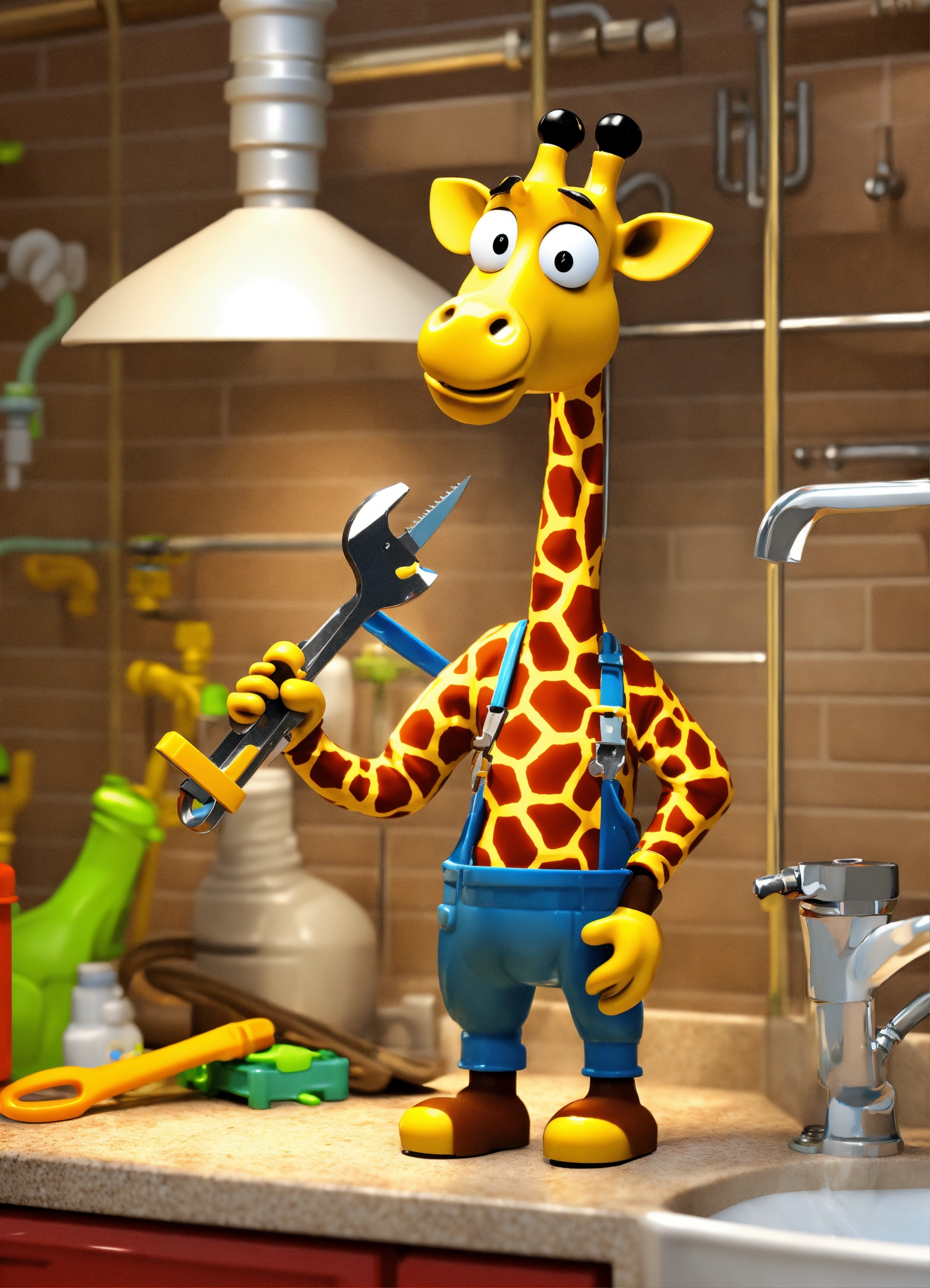 Lexica - Giraffe plumber with an adjustable wrench in his hands. 3D