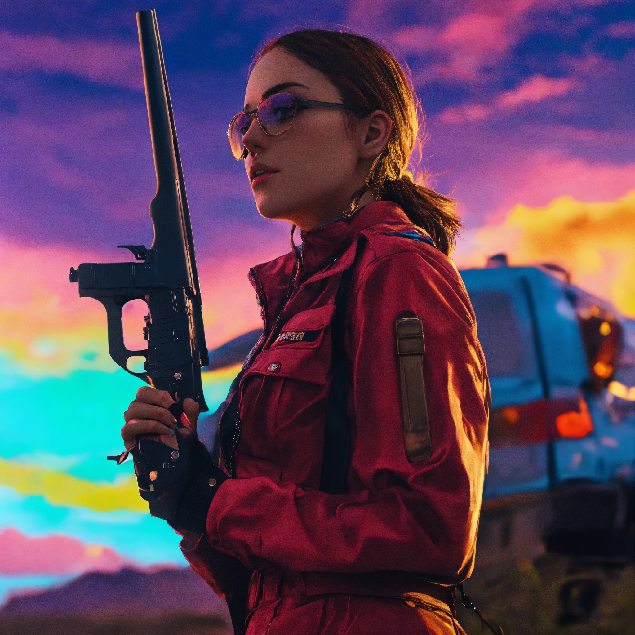Lexica - Close up of a woman holding a gun, in front of a colourful sky