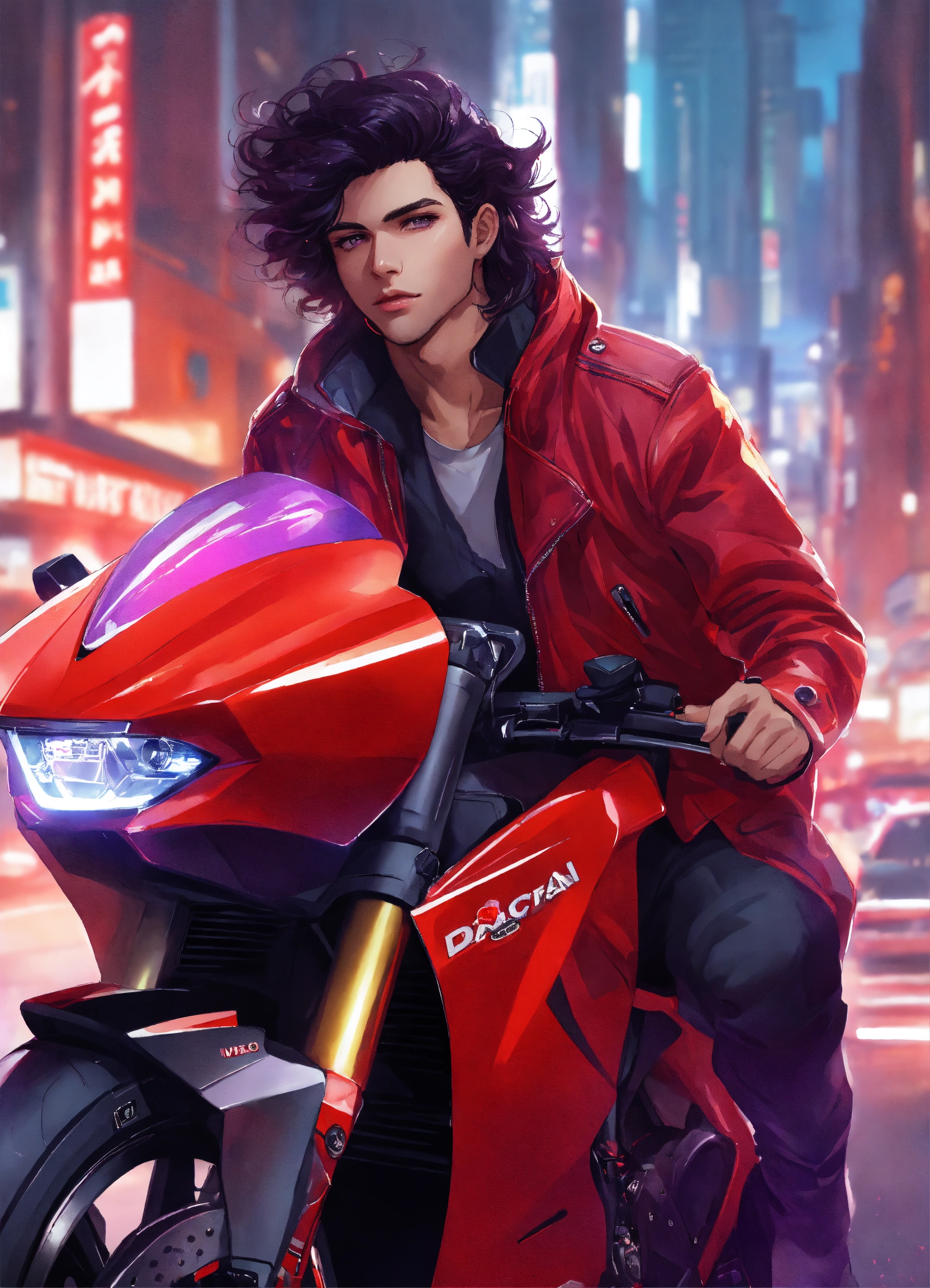 Lexica - Illustration of a city, young man with violet eyes, riding red ...