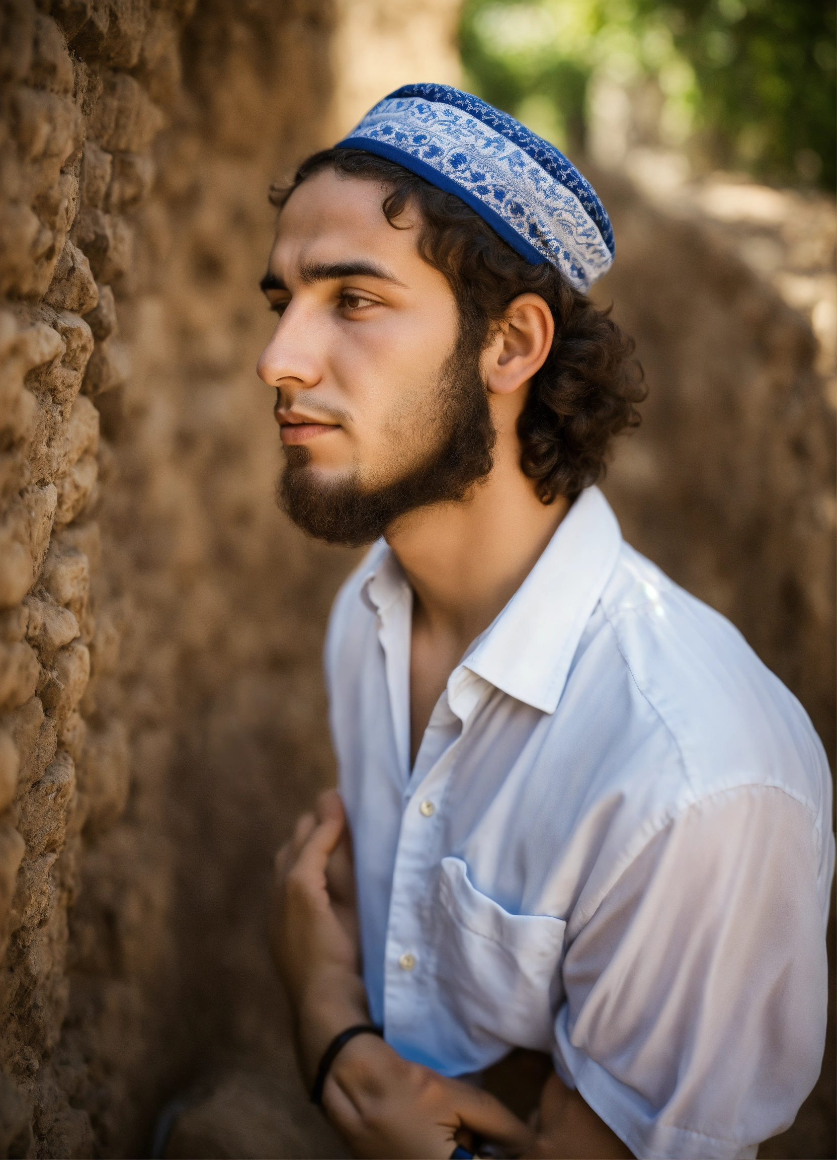 Lexica - Jewish young man with kippah praying in Israel portrait