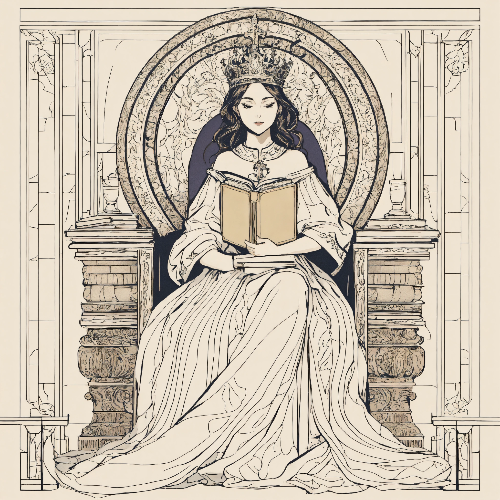 Lexica - Line design, a popess on her throne with a book in hand