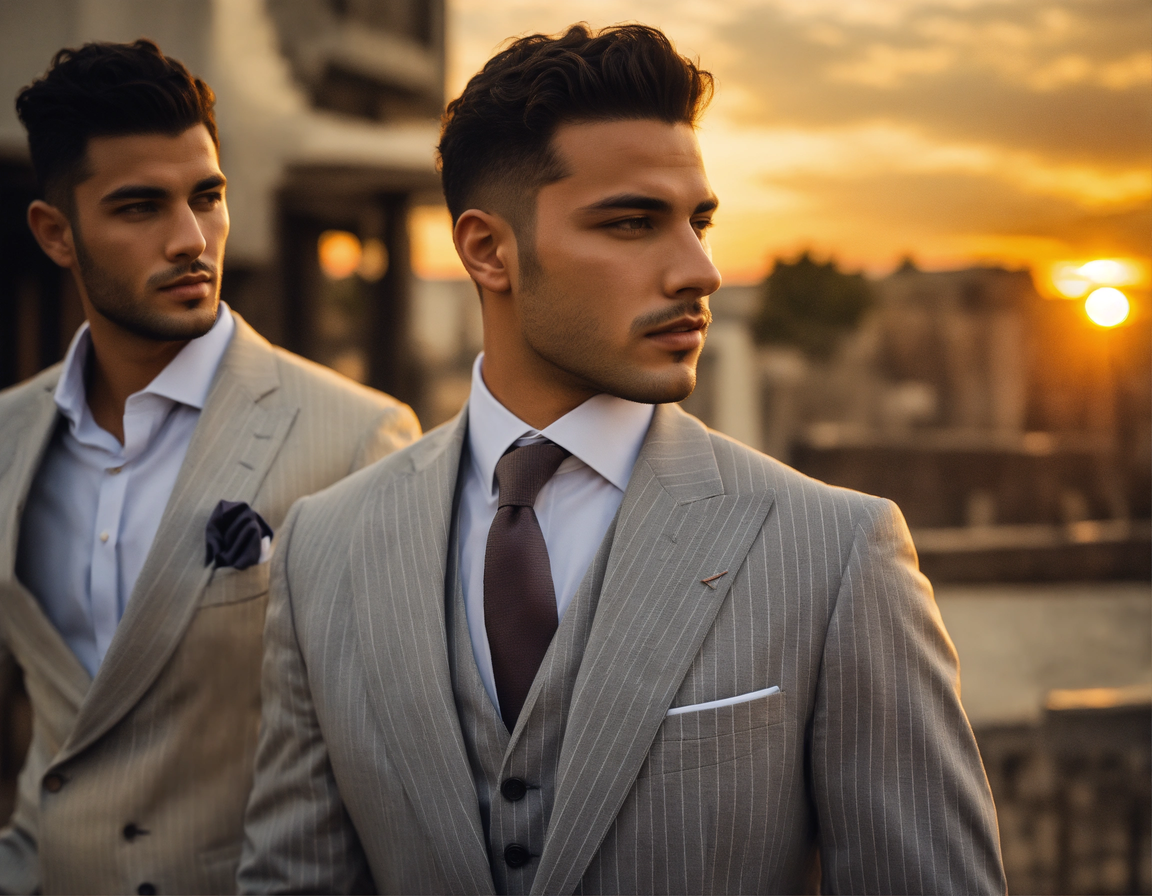 Lexica - Two young Tunisian bald male models in light grey pinstripe vested  suit and tie, looking at the sunset