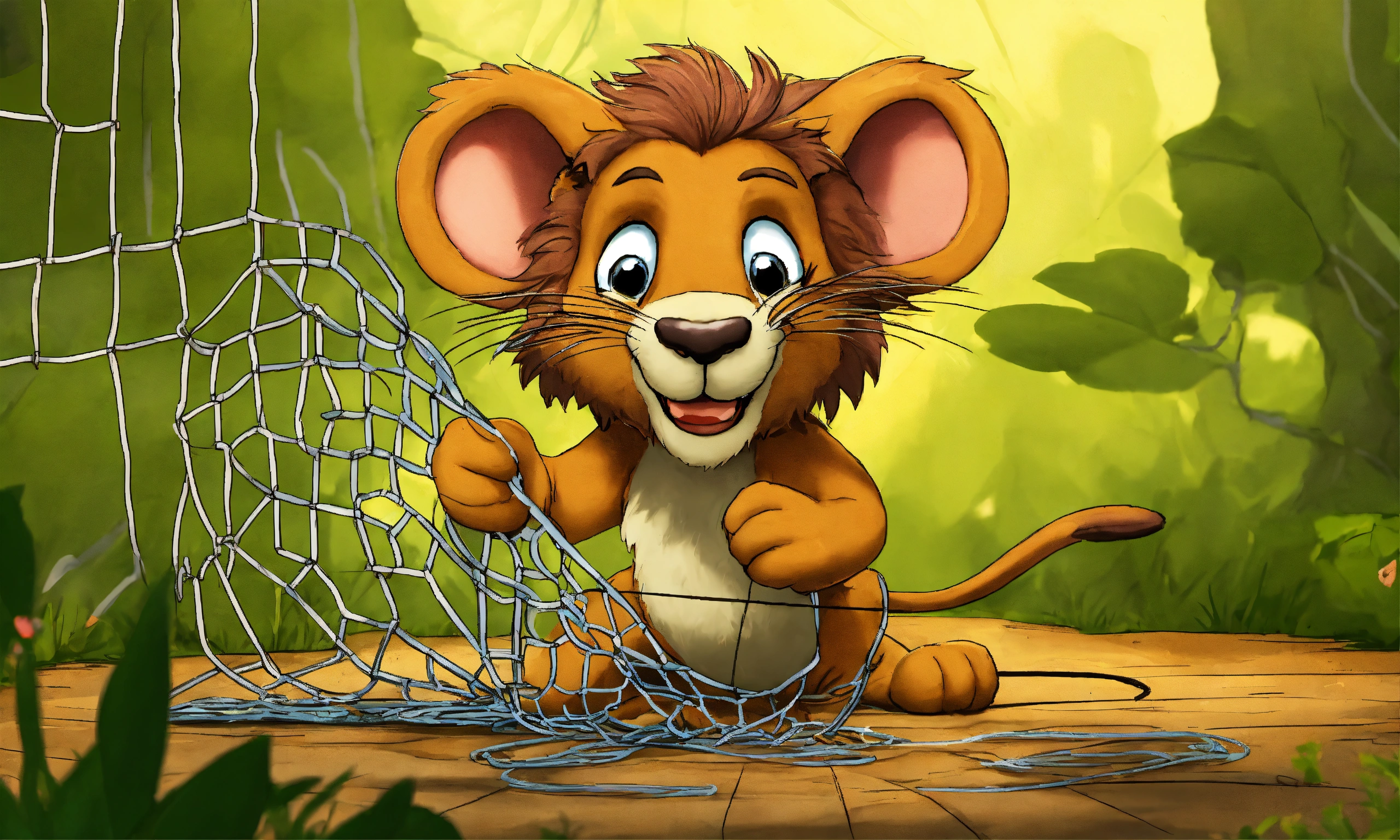 Lexica - Cartoon lion in net trap mouse cutting net