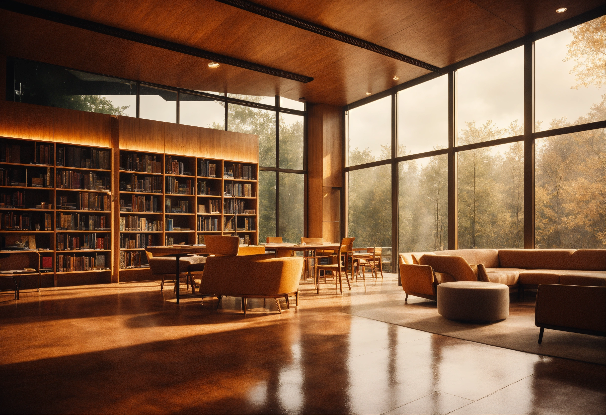 Lexica - A warm modern library interior. It’s raining outside, we can ...