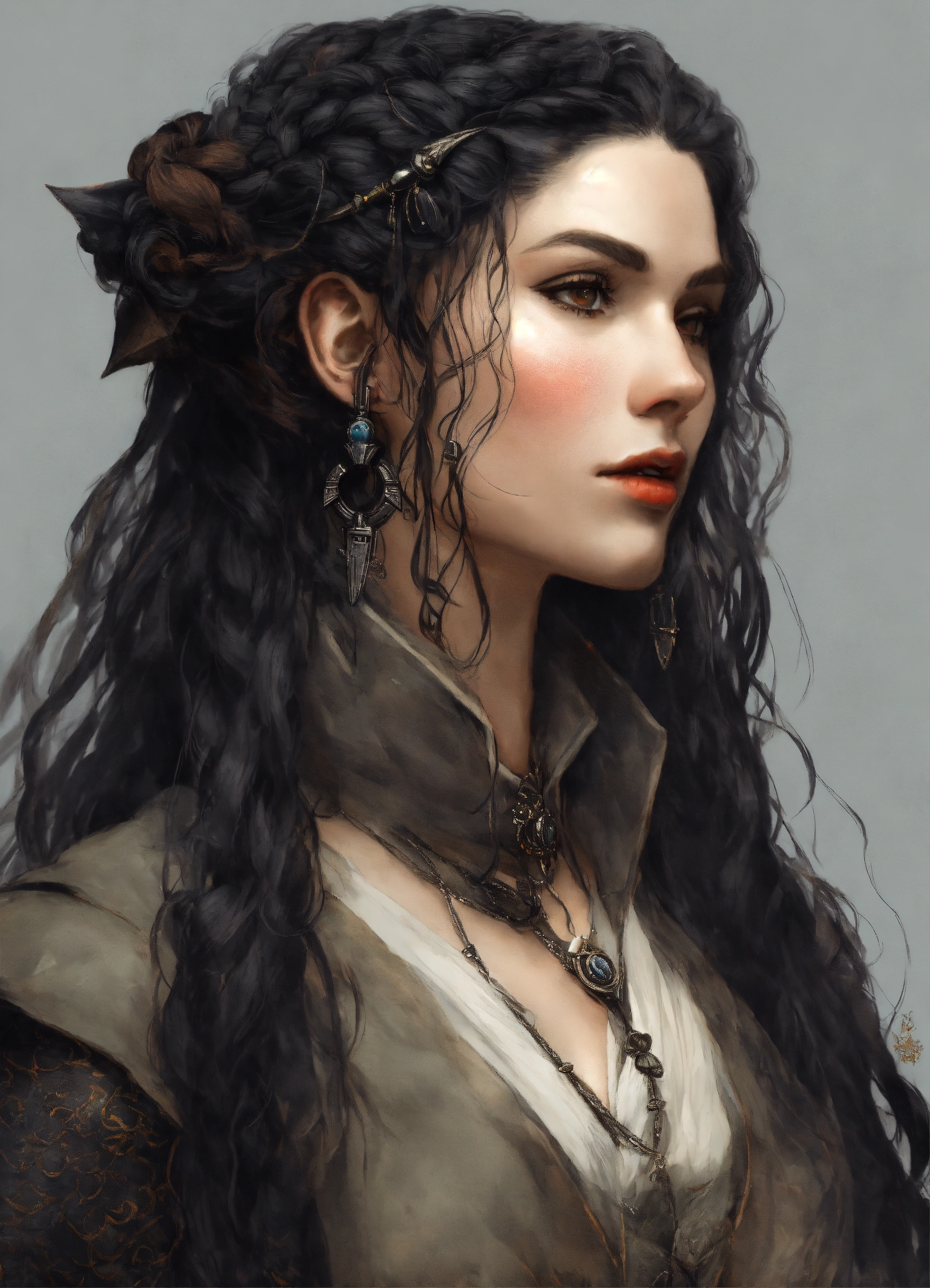 Lexica - Futuristic vampire hunter, middle age female face, long wavy ...