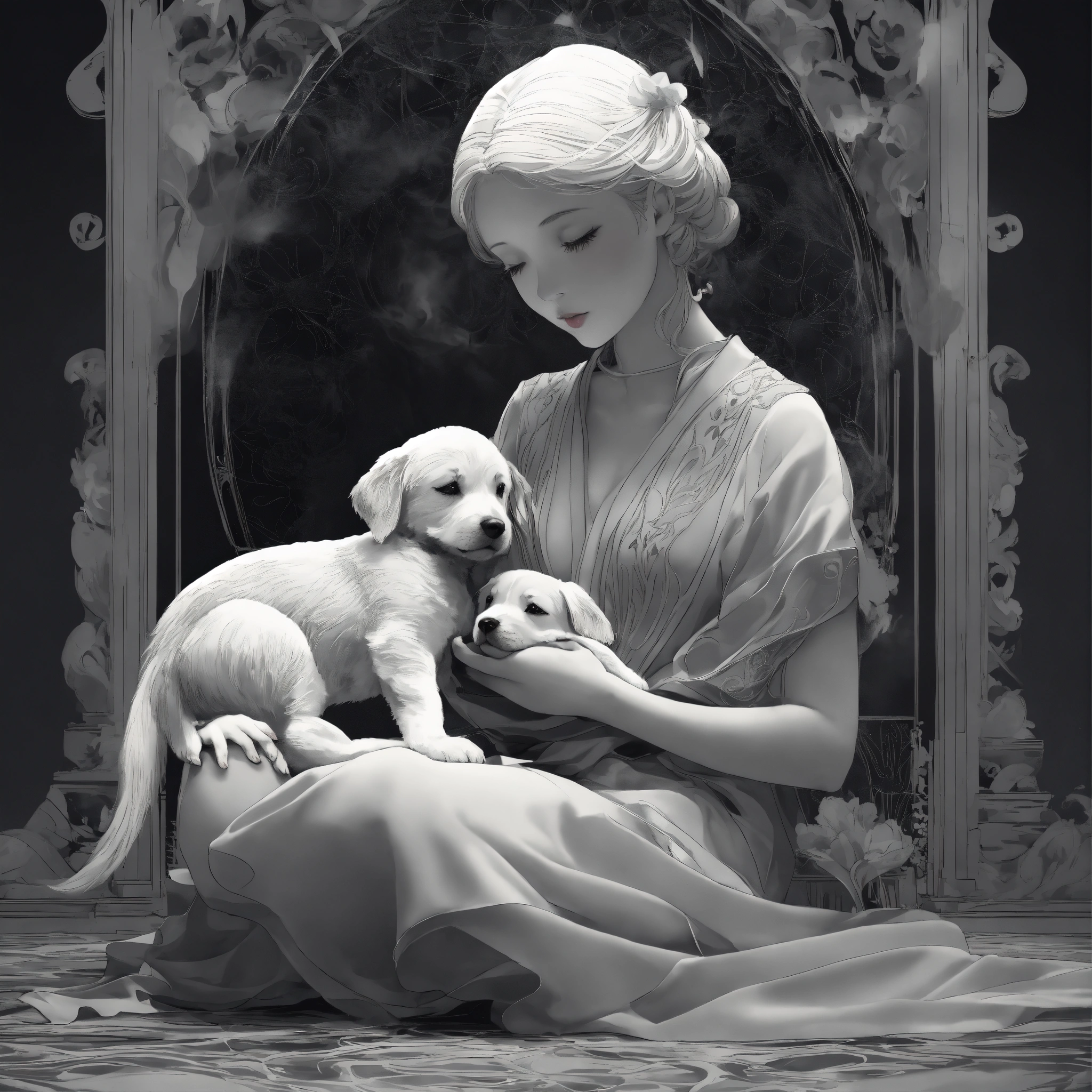Lexica - Young ghostly girl cuddling puppy, full form angle, depth data ...