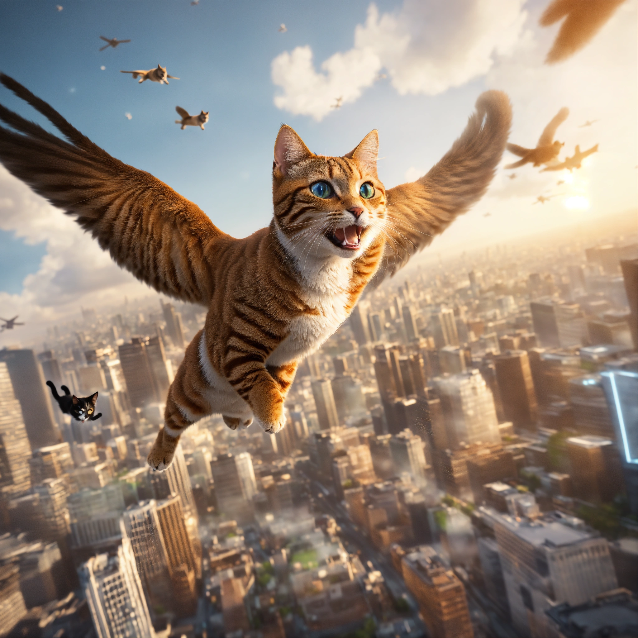 Lexica - Medium close-up, Smiling cats flying over the city, highly ...