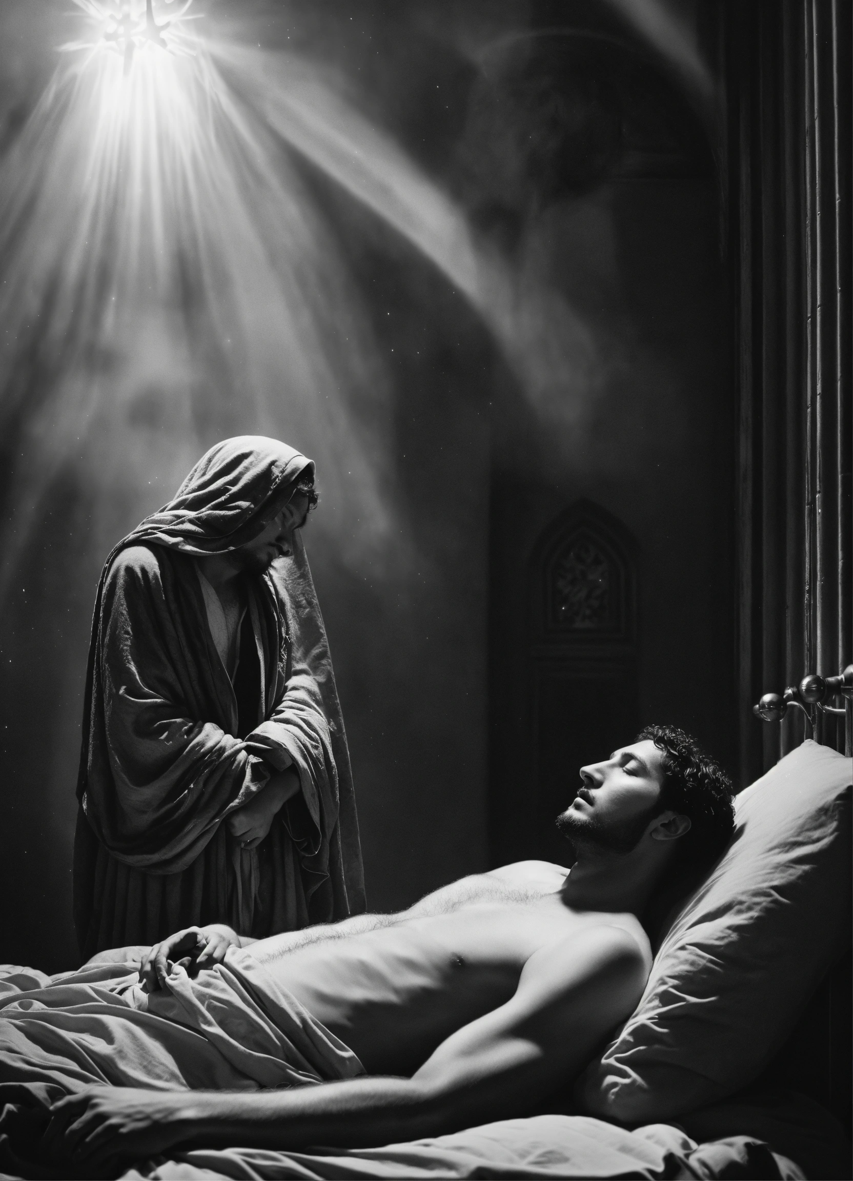 Lexica - A messiah murmuring to a sleeping and dreaming man, black and ...