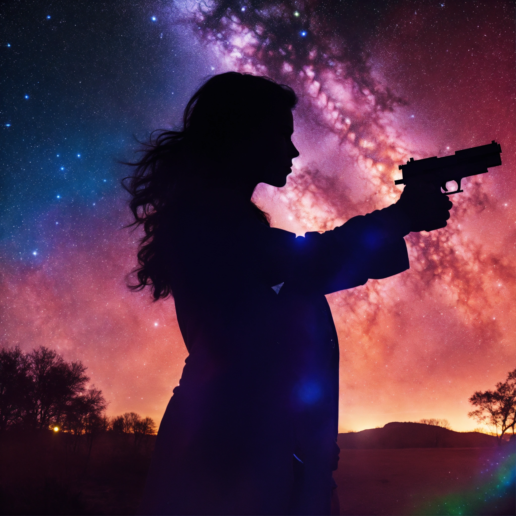 Lexica - Shadow of a woman holding a pistol, in front of a colourful ...