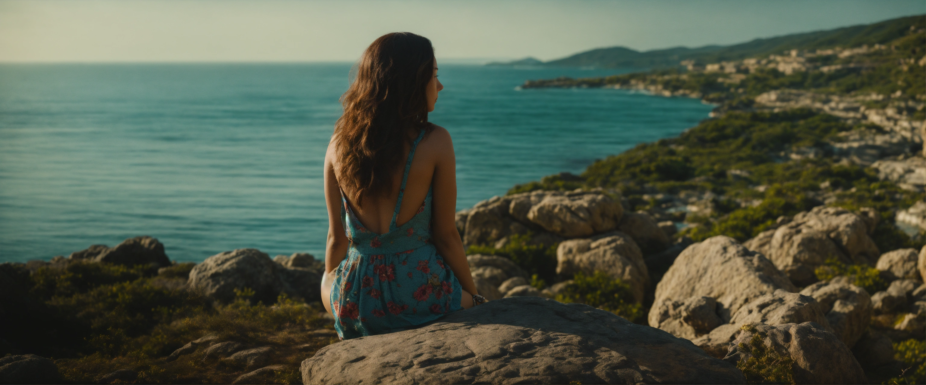 Lexica - Back view of a woman sitting on a rock in front of the sea ...