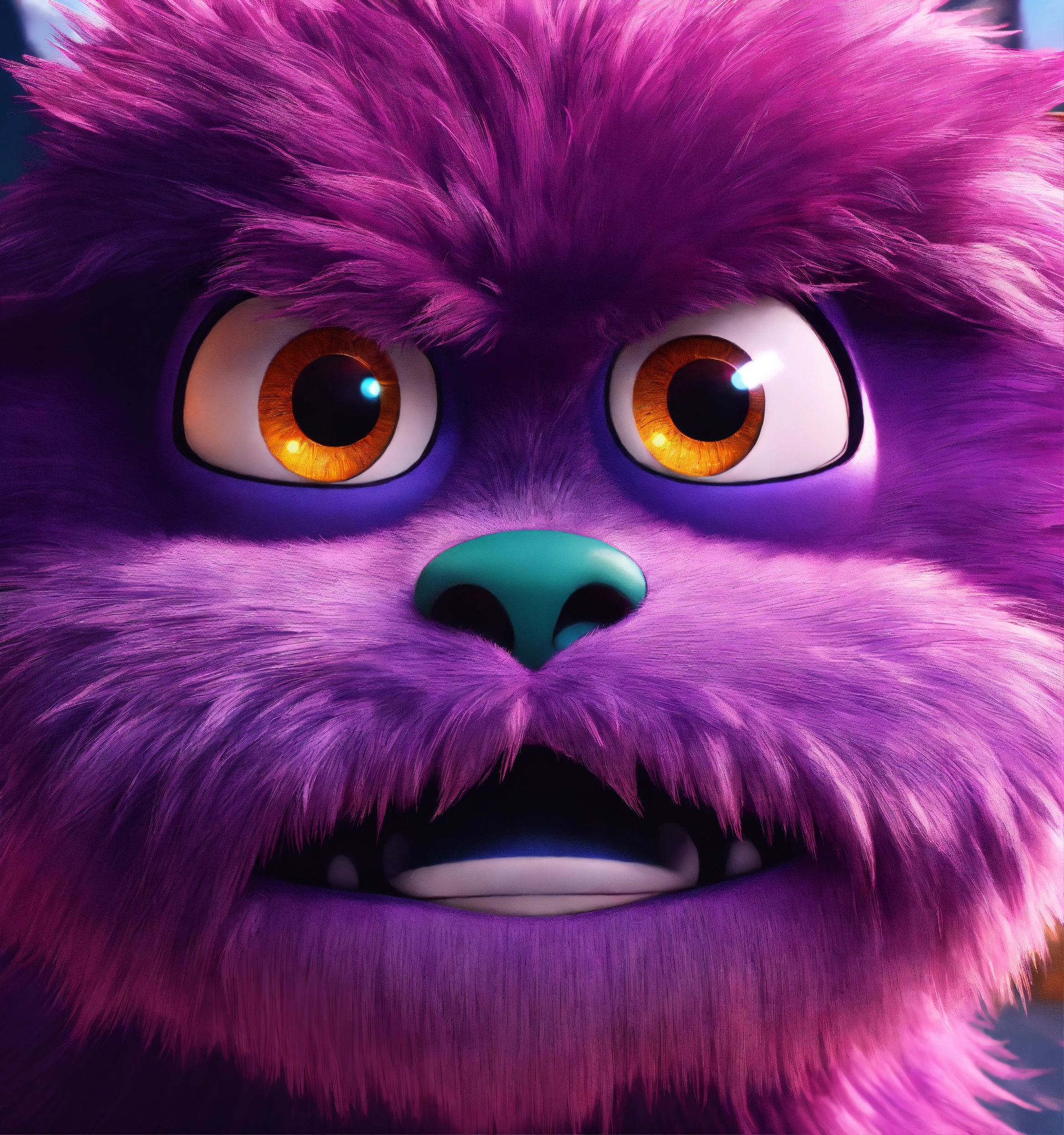 Lexica - Zoom out on an big, over friendly, fun loving, hairy, tall, violet  colored fur, monster, no neck, glowing eyes, cartoon character, Pixar, Di...