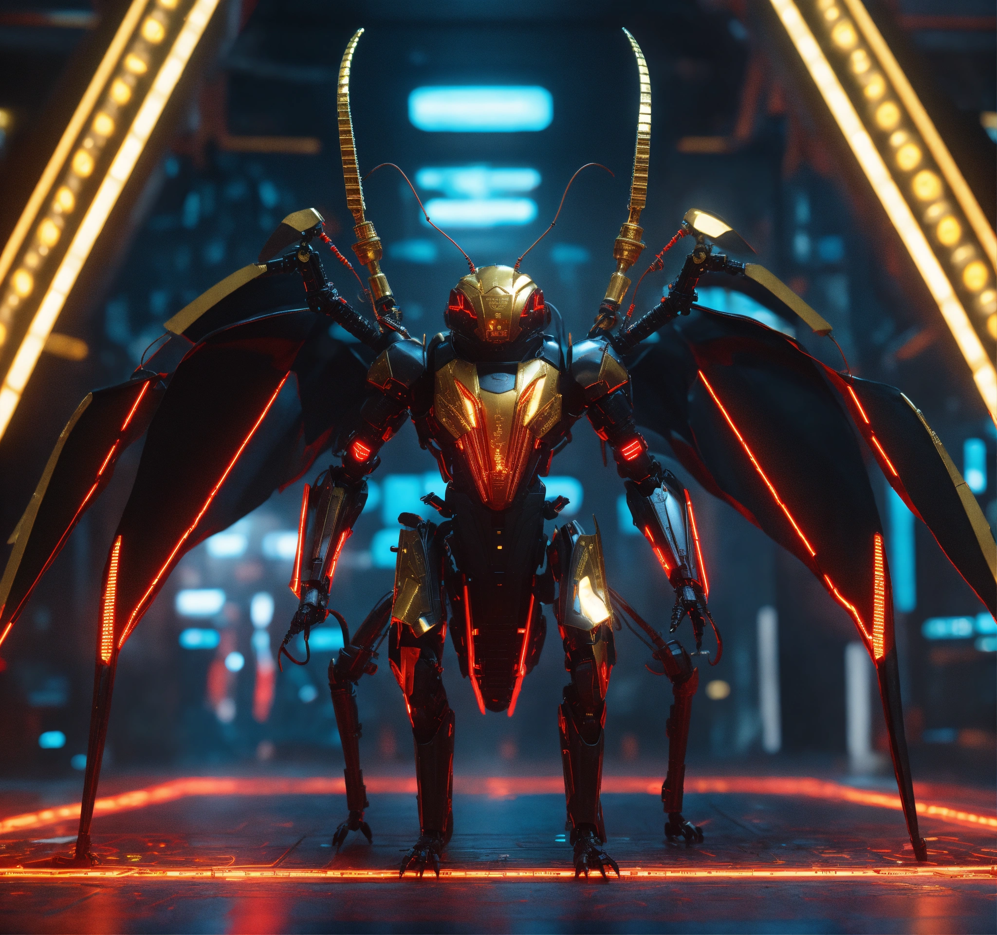 Lexica - Zoom out of standing black cockroach faced humanoid with red ...