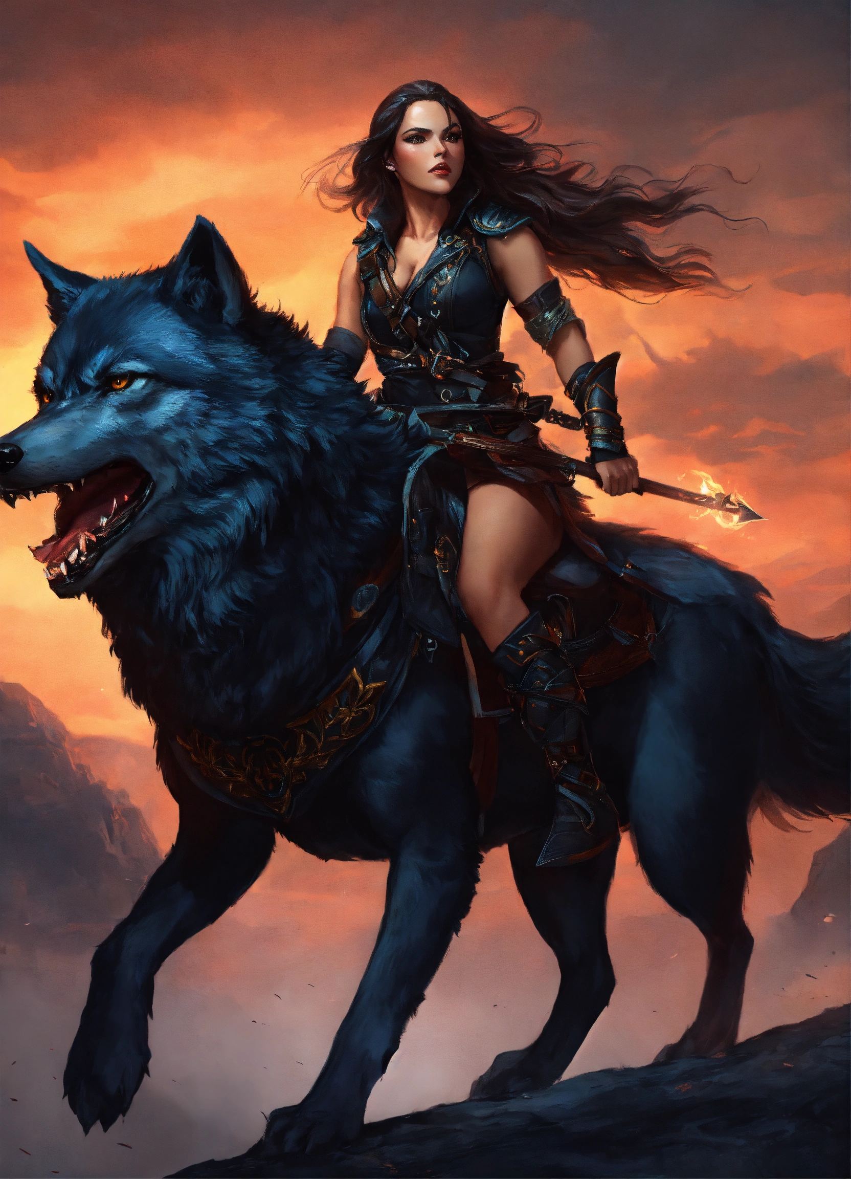 Lexica - Warrior woman dressed in black riding a monster wolf mount