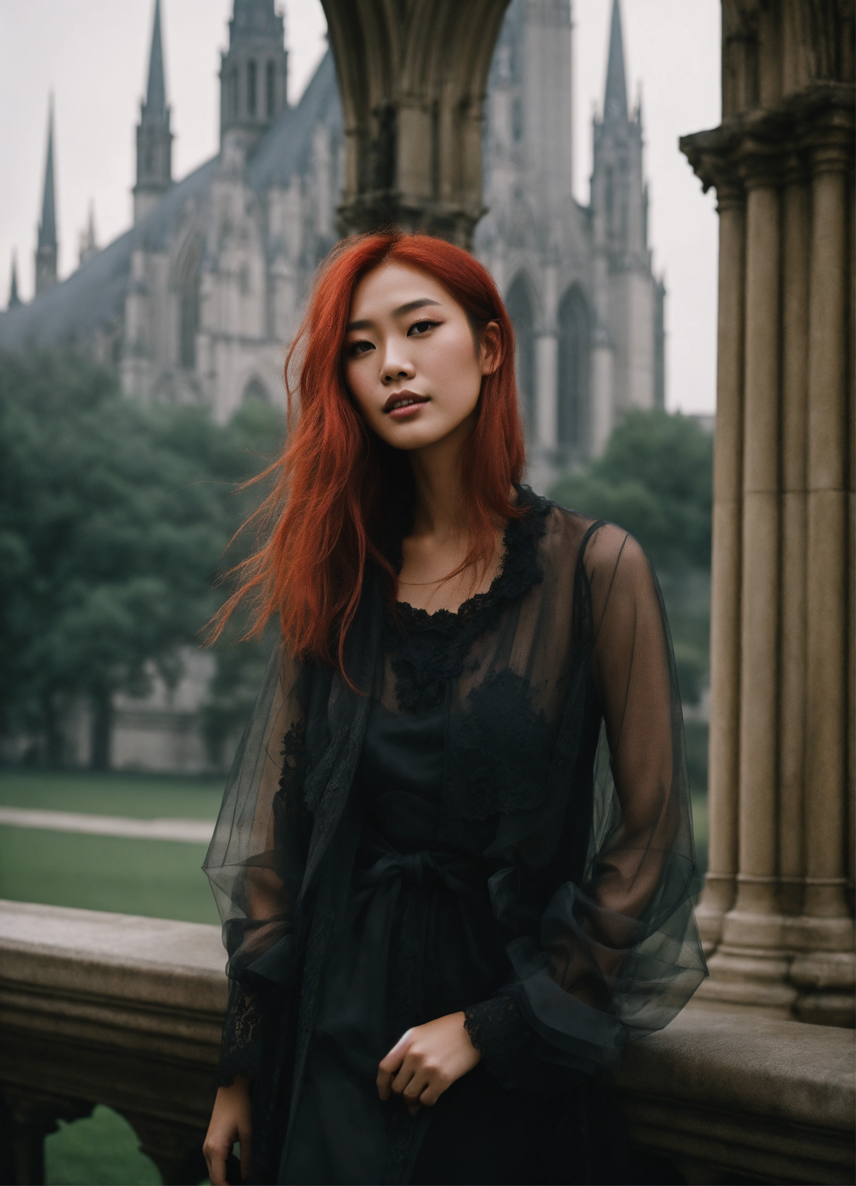 Lexica - Portrait of beautiful asian fashion model with pale red hair ...