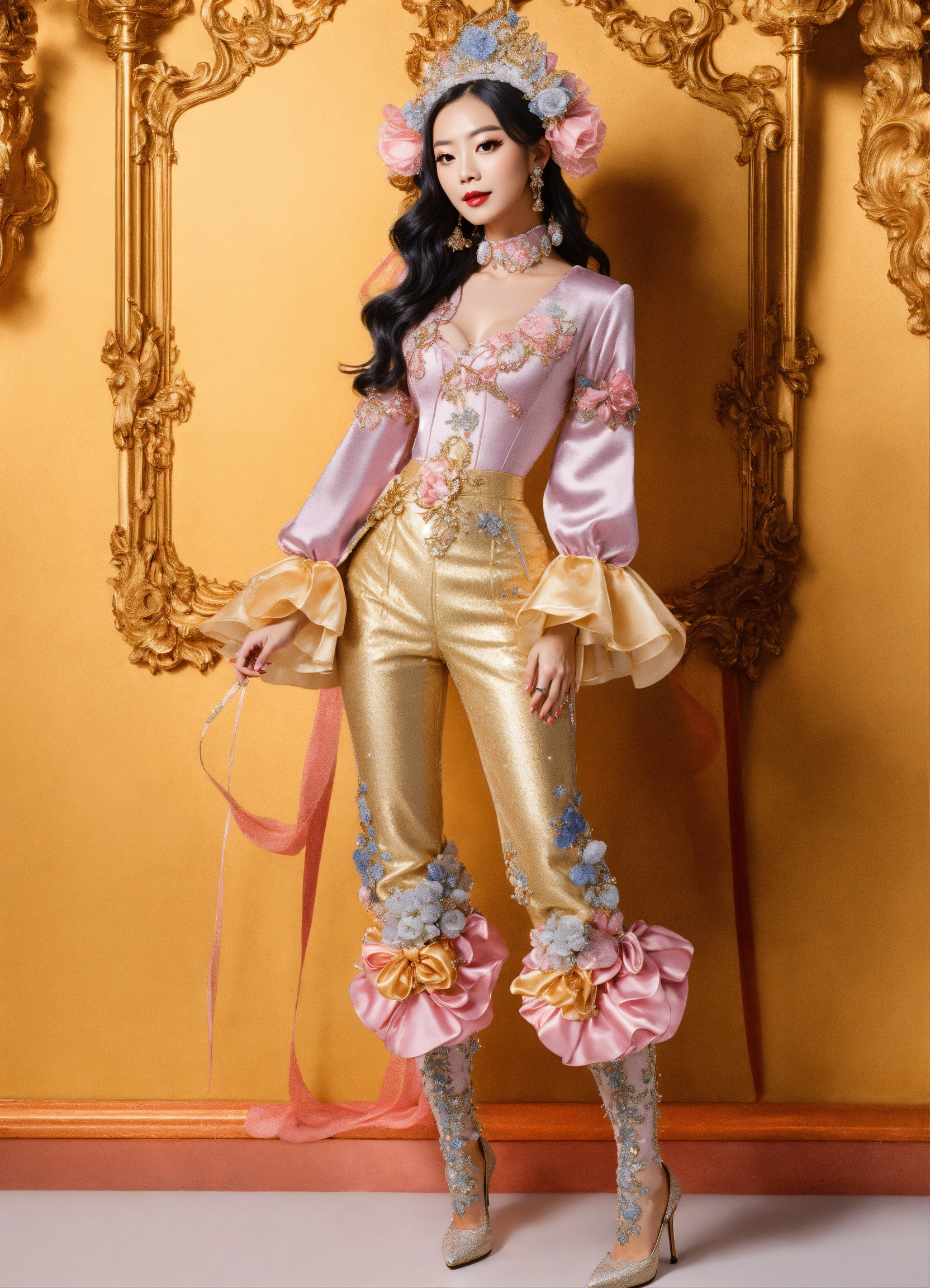 Lexica - JiU sparkly Fashionable Rococo outfit with pants and high heels