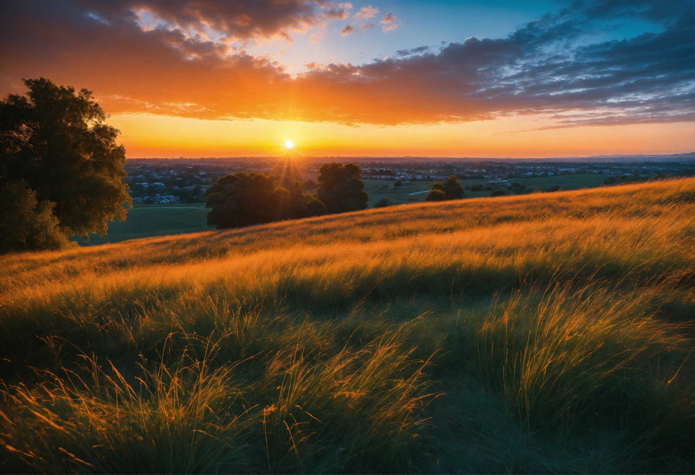 Lexica - View from the ground of a grassy landscape at sunset, light ...