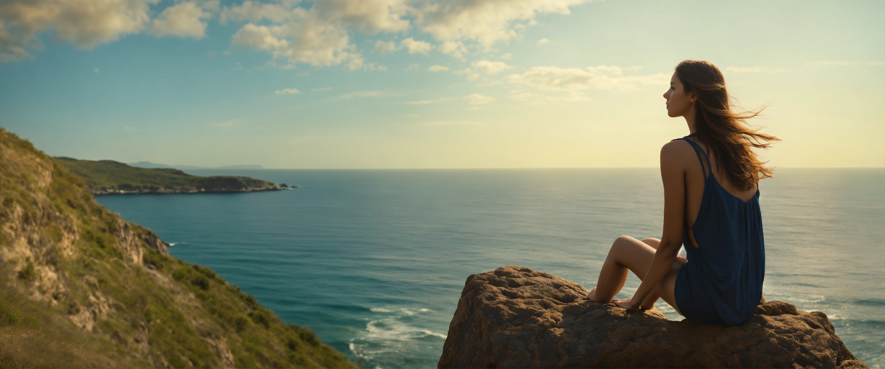 Lexica - Back view of a woman sitting on a rock in front of the sea ...