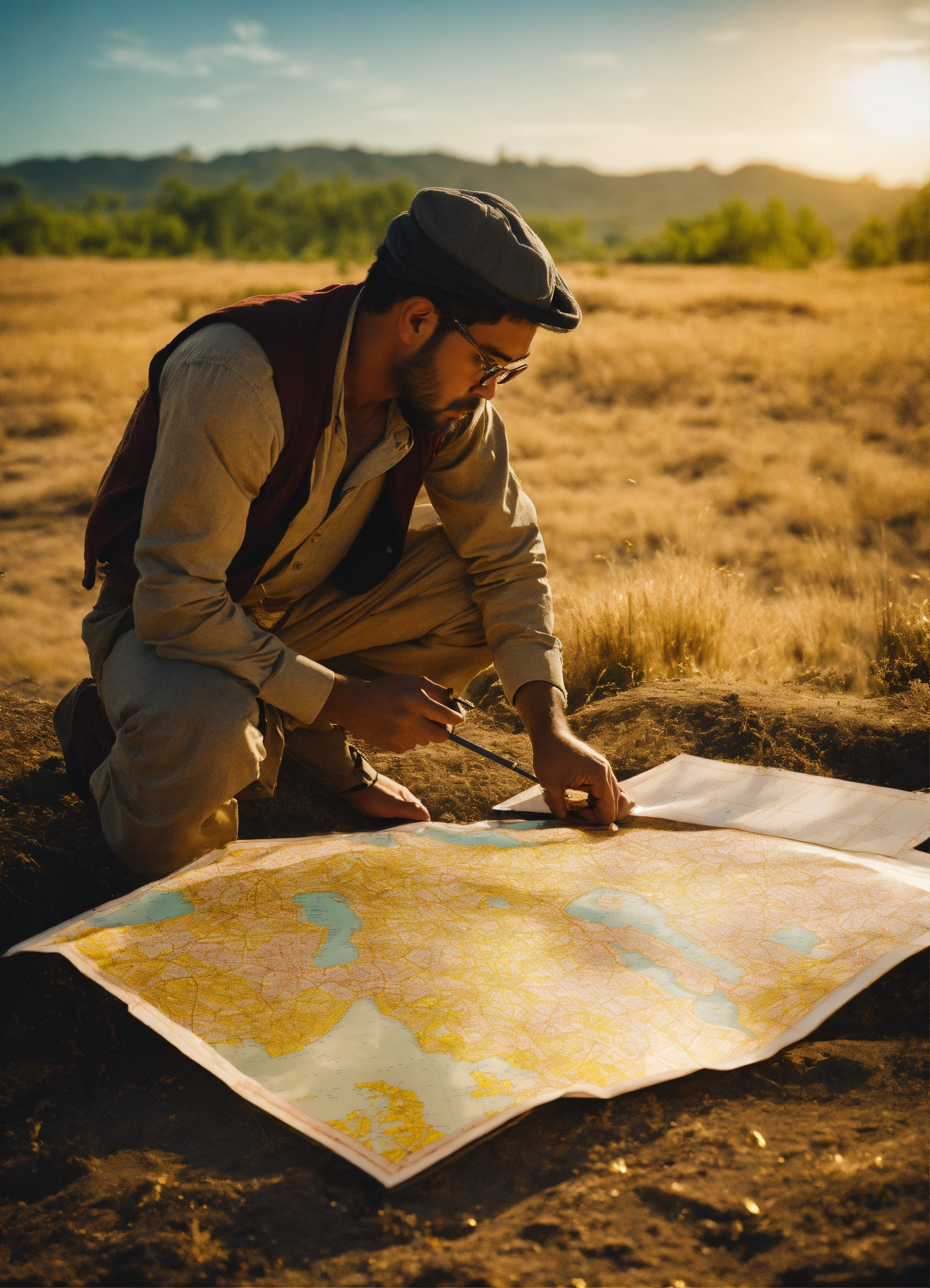 Lexica - A man looking a map to find a treasure of gold