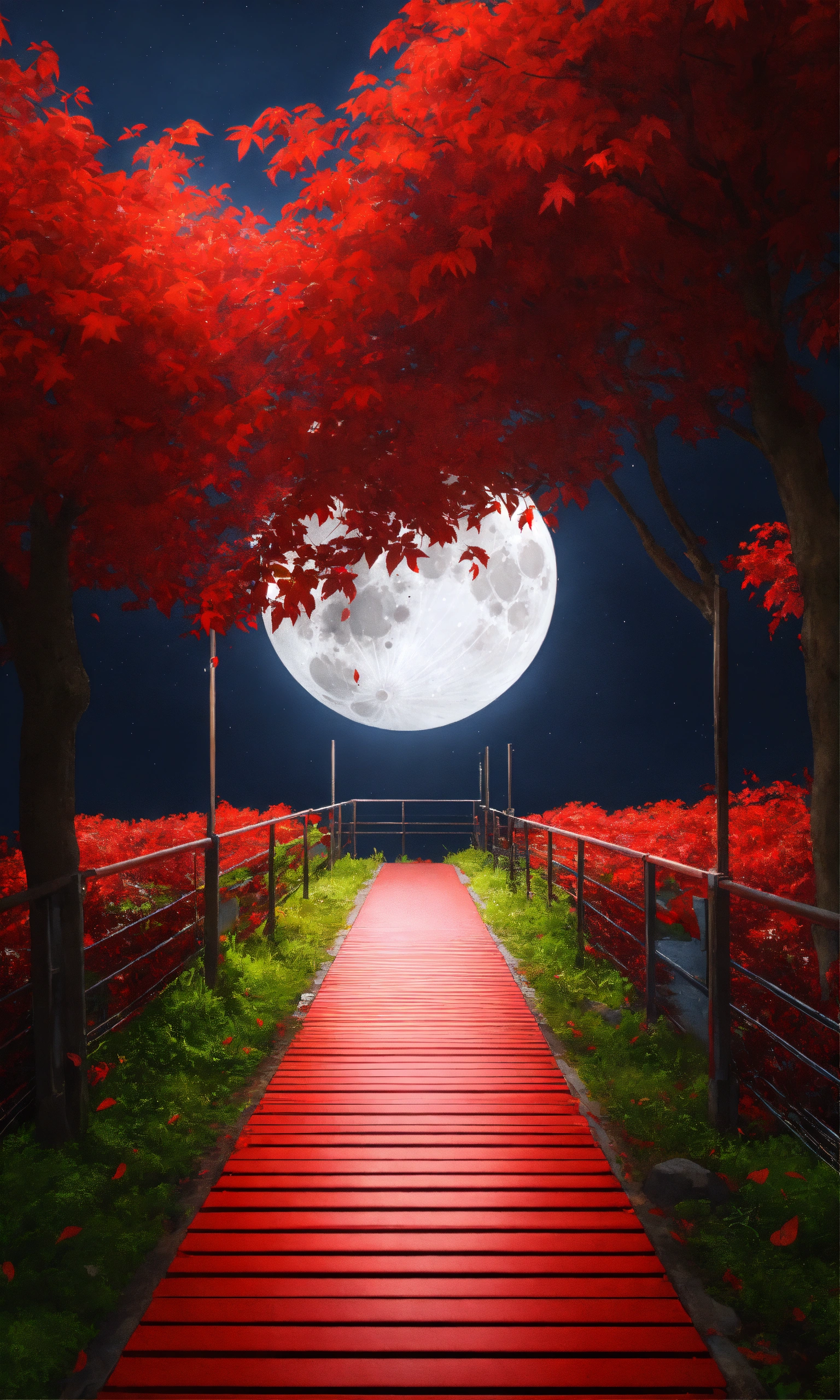 Lexica - Normal size moon, red leaves, hyperrealistic, night, walkway