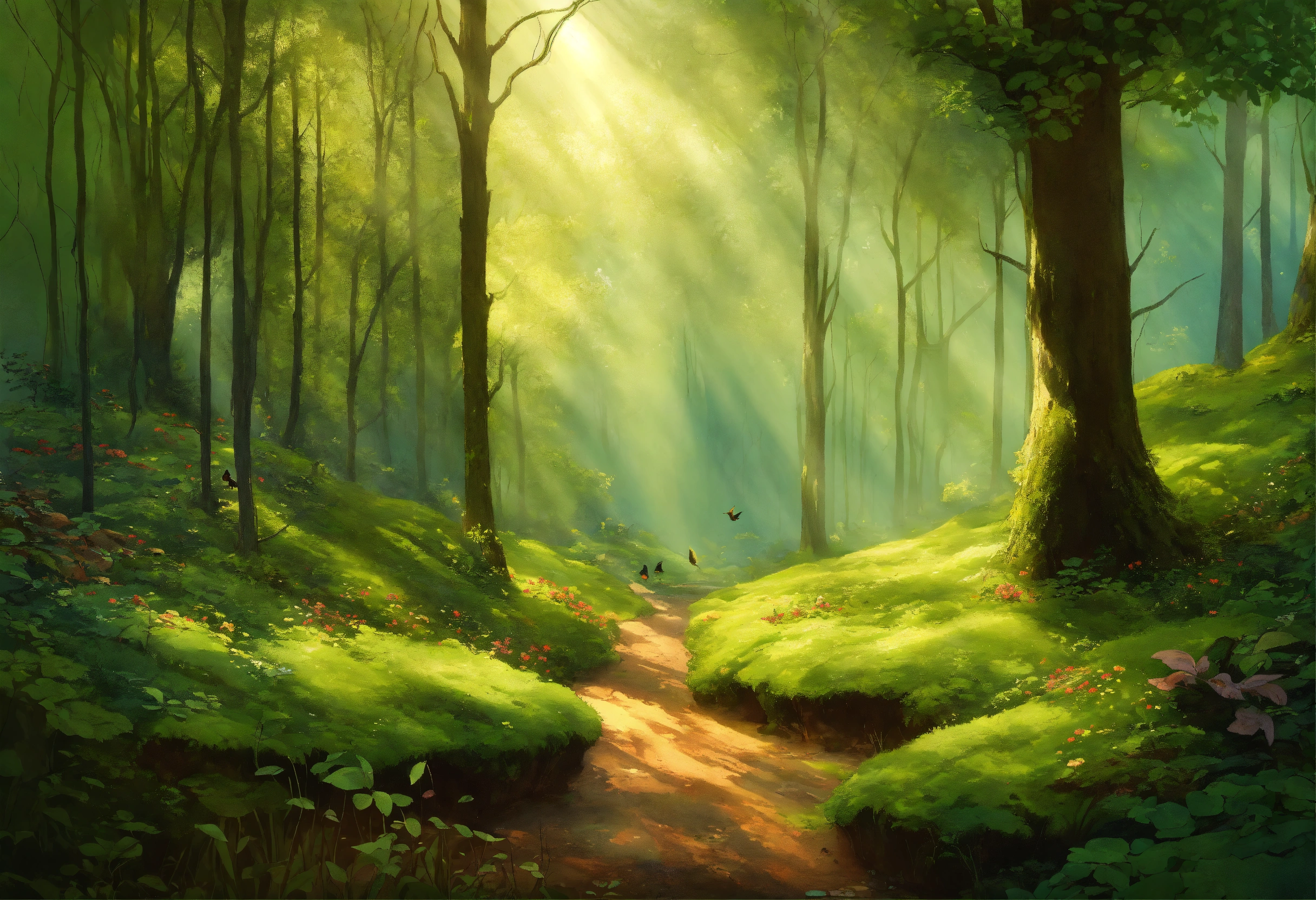 Lexica - A tranquil forest landscape with gentle rays of sunlight ...