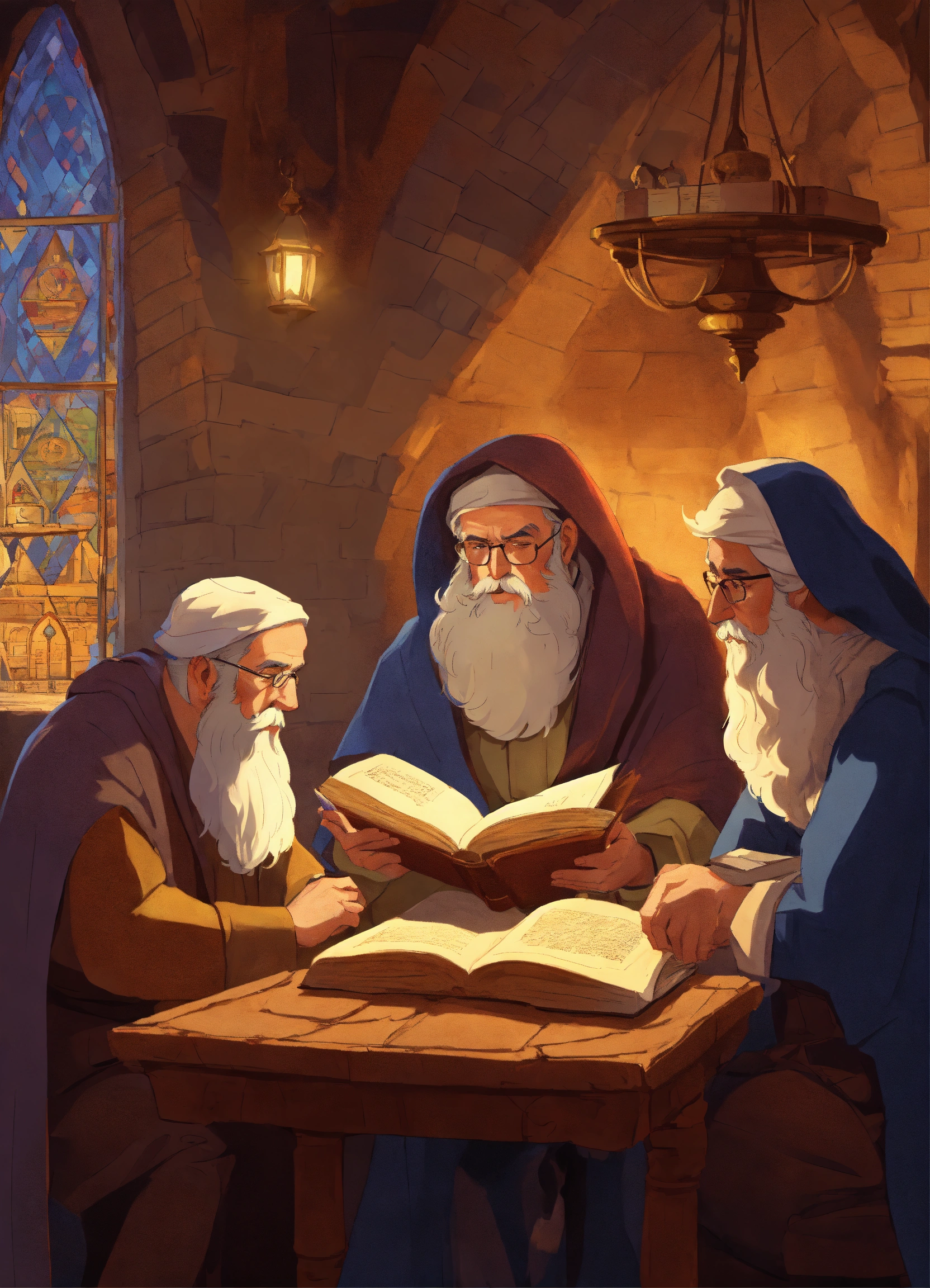 Lexica - Three Jews from the Middle Ages, righteous, sitting at a long ...