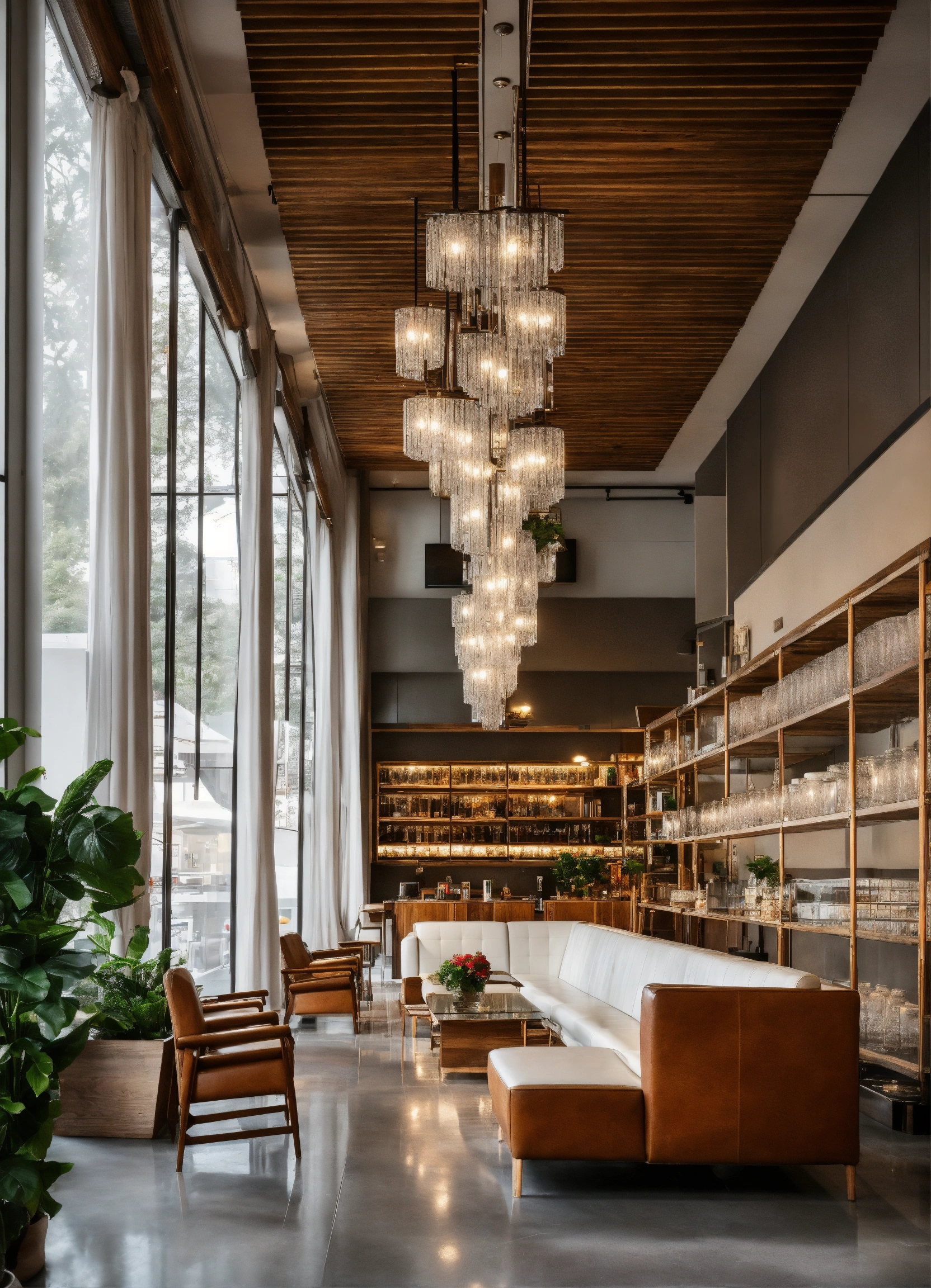 Lexica - Interior of the cafe. Along the wall there is a tall wooden ...