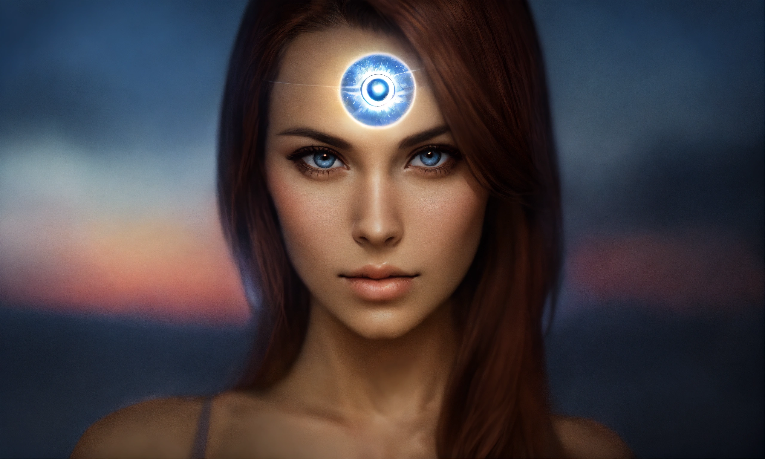 Lexica - A realistic beautiful woman with an orbe light in her forehead ...