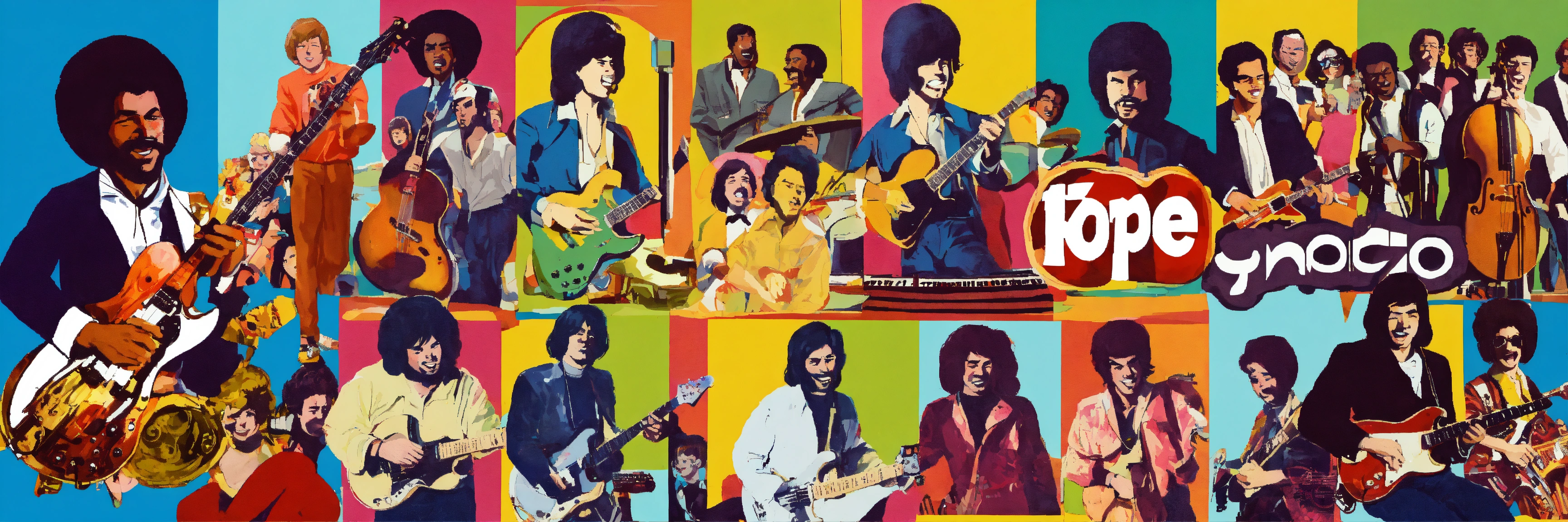 Lexica - A montage of music icons from the 60’s and 70’s in cartoon style.