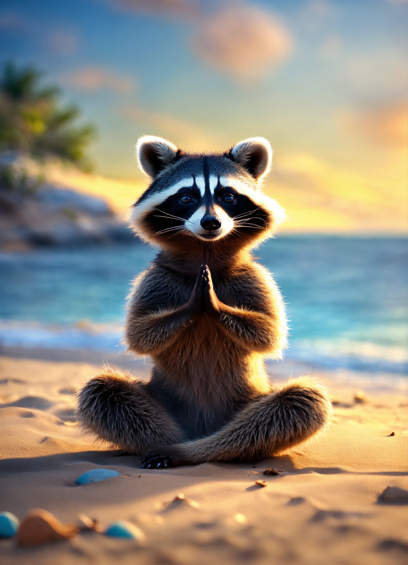 Lexica - Mischievous raccoon doing yoga at the beach, Maya render, 8k ...