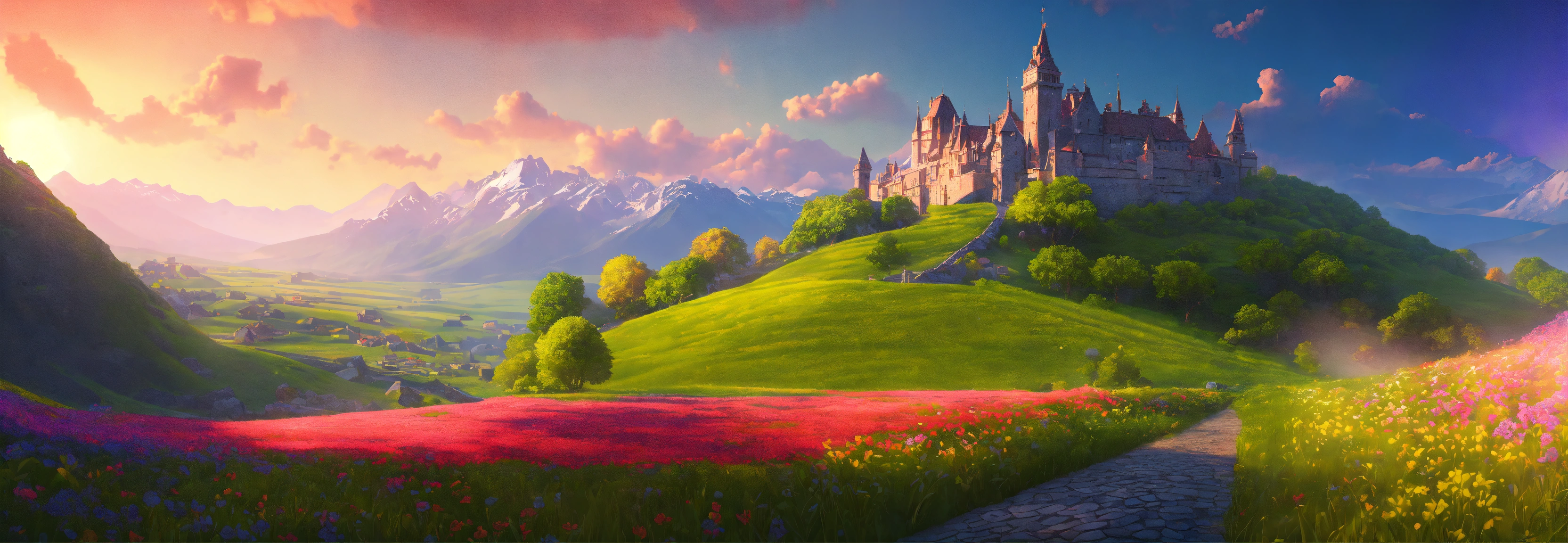 Lexica - Fantasy cartoon landscape with a green field with moutains and ...