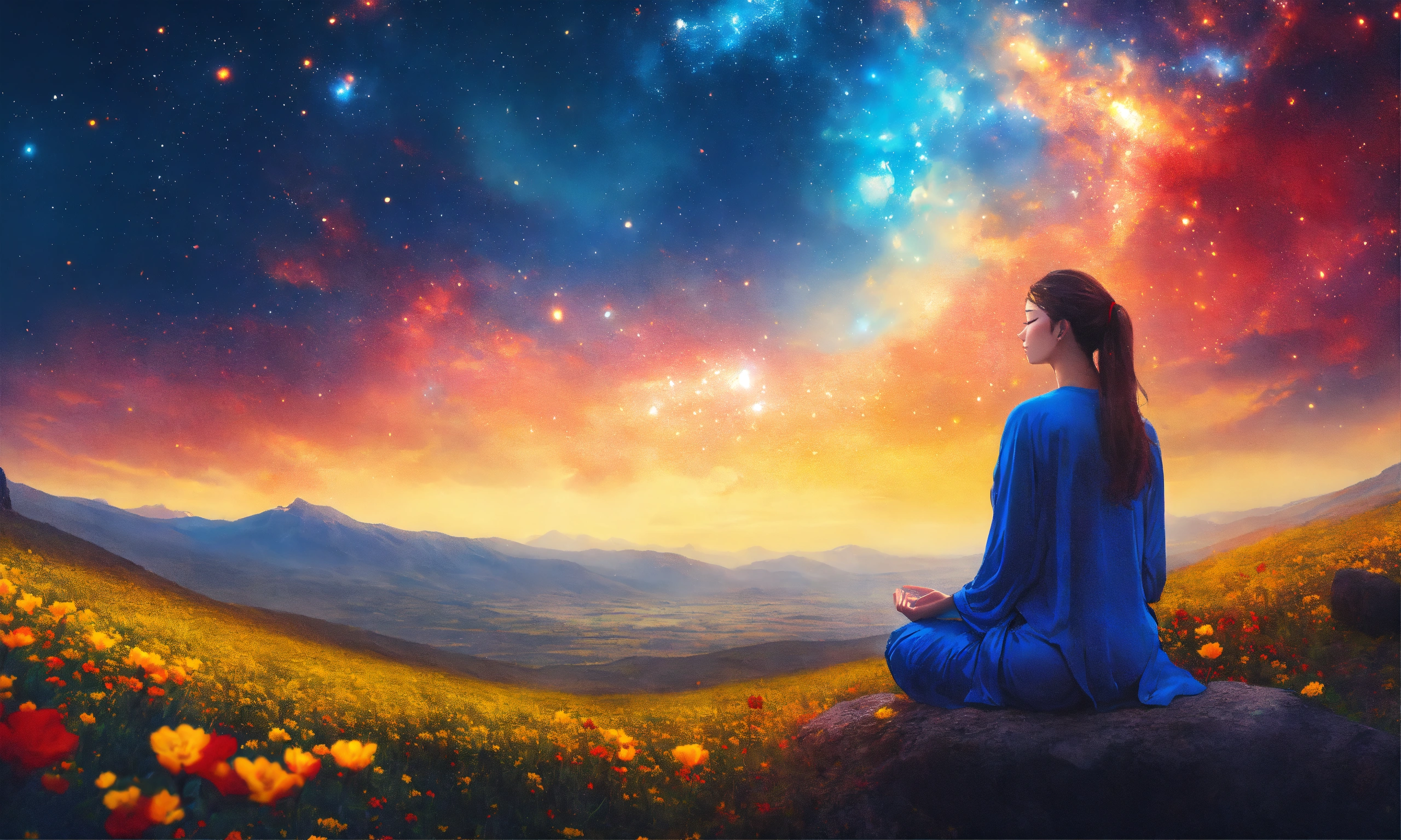 Lexica - Beautiful woman in Meditation posture, mountain, a vast field ...
