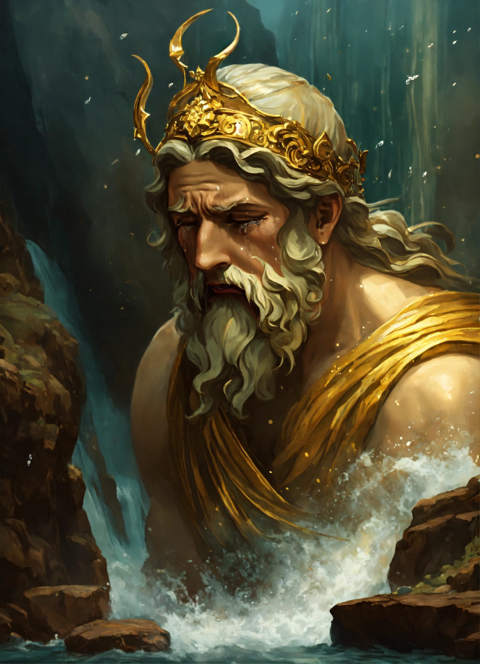 Lexica - Greek god crying, tears falling into a massive and scary river