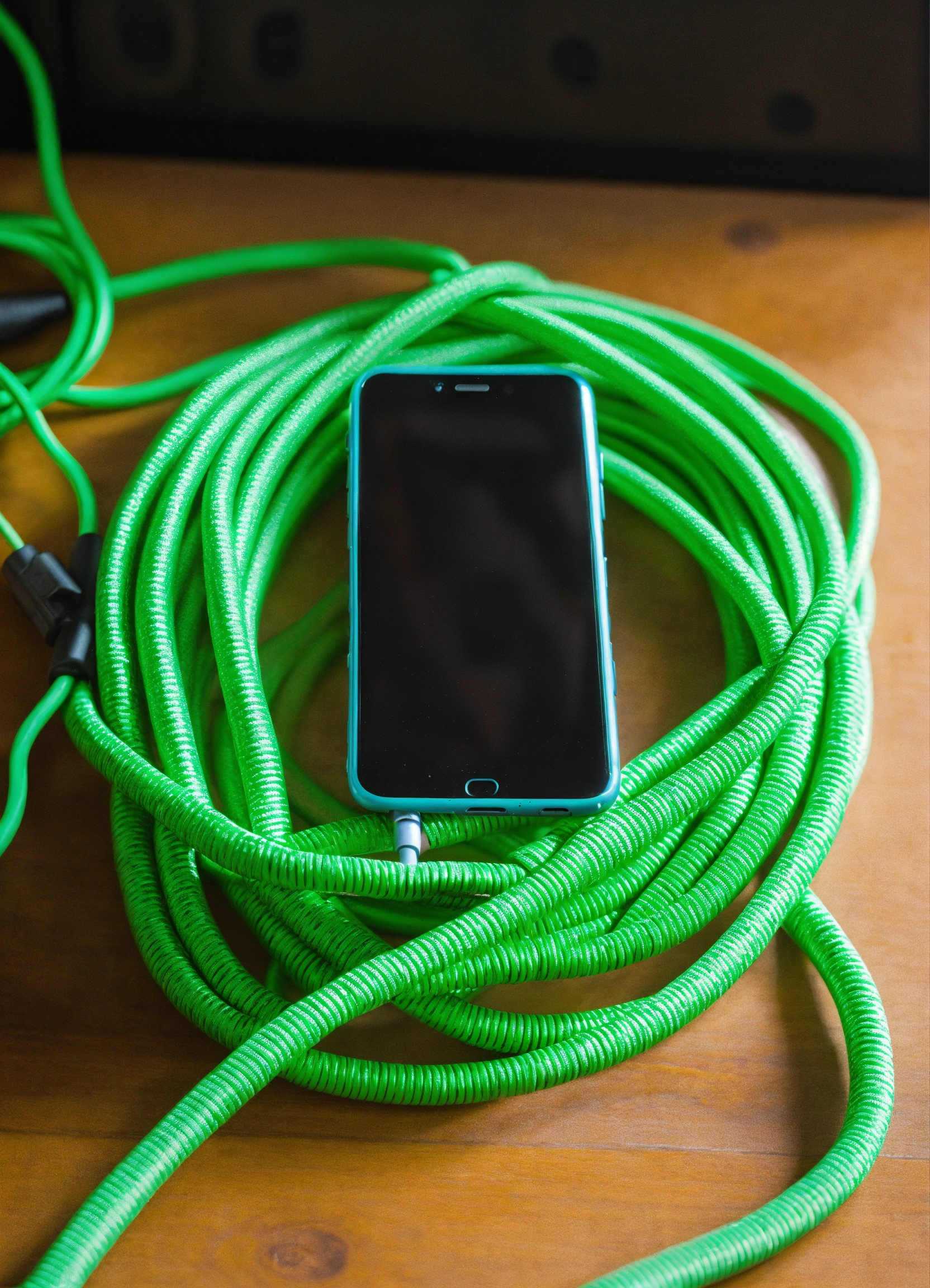 Lexica Green bungee cords in knot, cords holding phone, cords coming