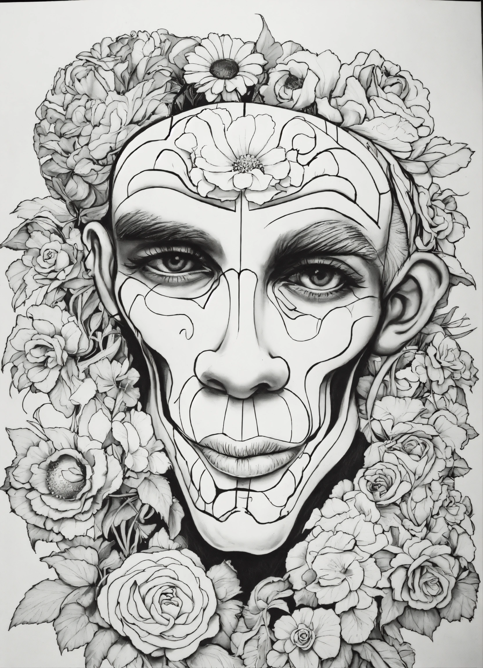 Lexica - Faces and flowers, Ed Roth, coloring book, line art, low ...