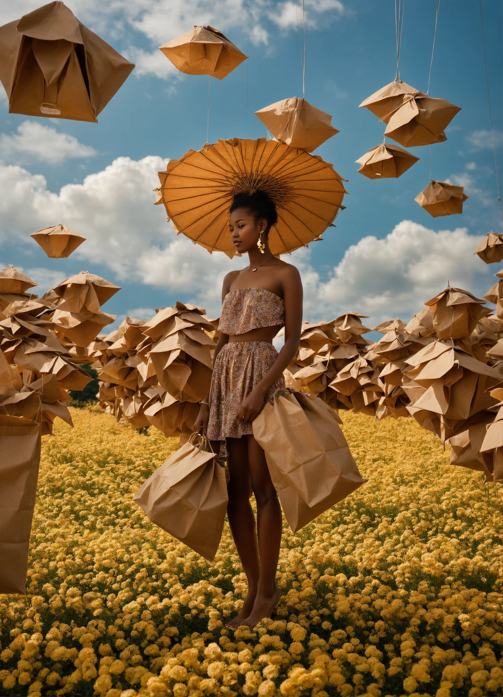 Lexica Paper bag clouds and brown origami birds in the sky. Dark