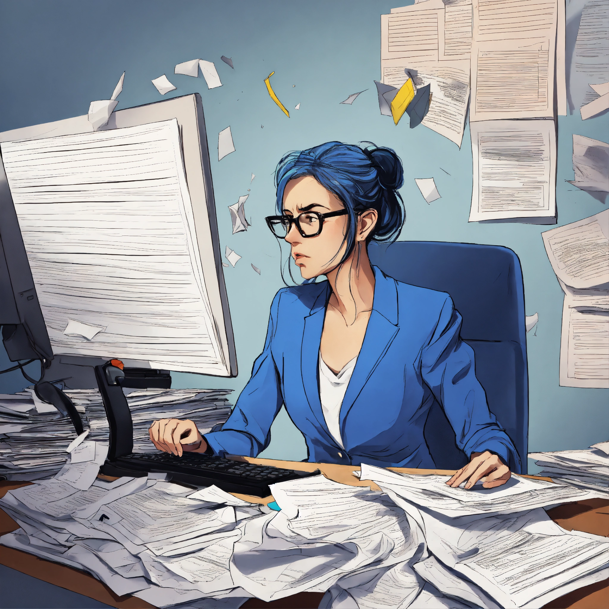 Lexica - Caricature, cartoon, exaggeration, tired woman in blue suit at ...