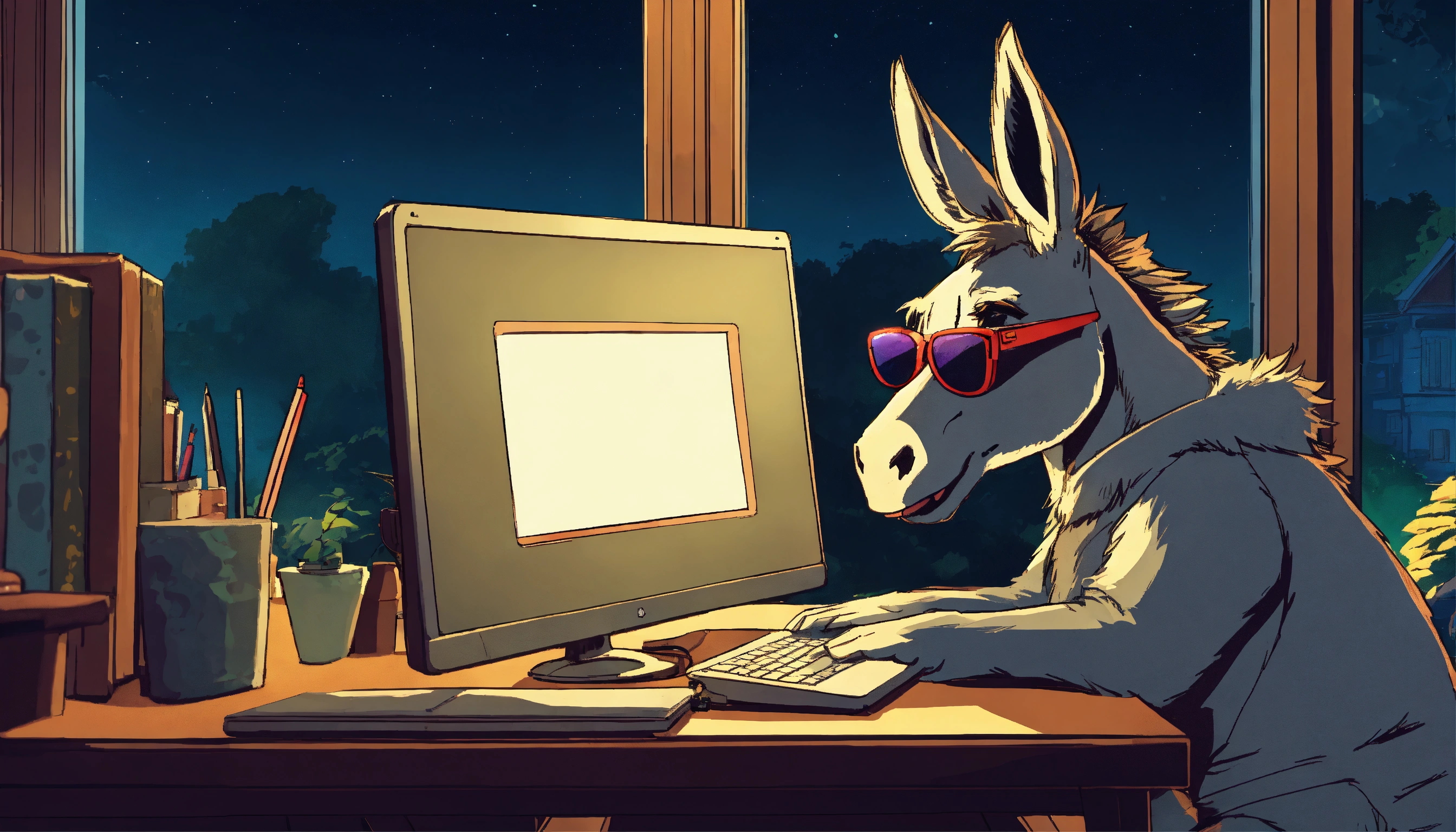 Lexica - A donkey with sunglasses black, at night, sitting at a desk ...