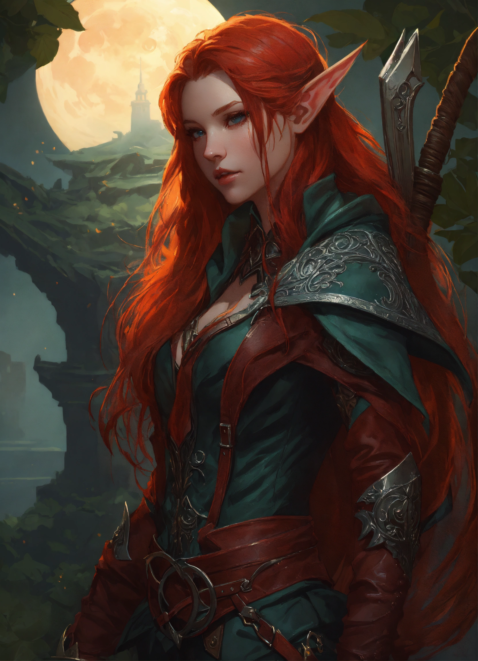 Lexica - Beautiful, red hair, elf, long hair, mysterious moonlit night ...