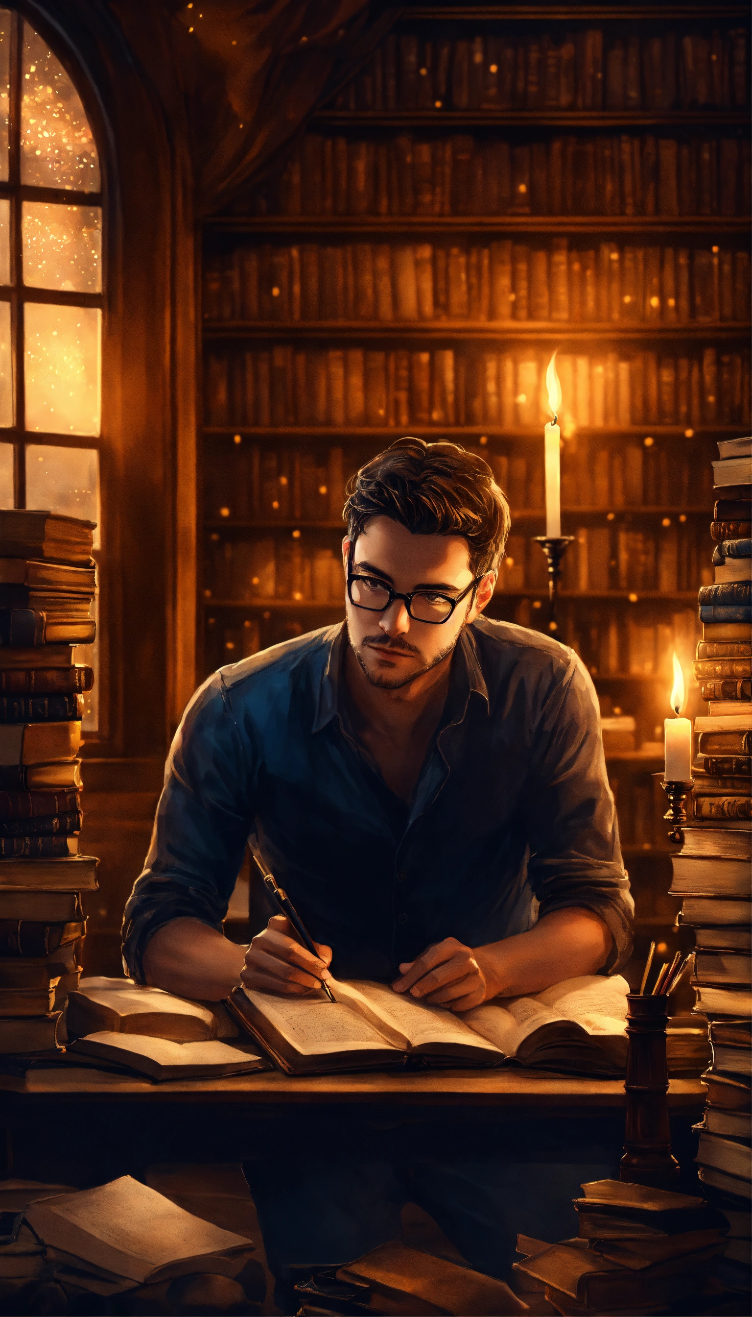 Lexica - A handsome male writer, with depression, wearing glasses, in a ...