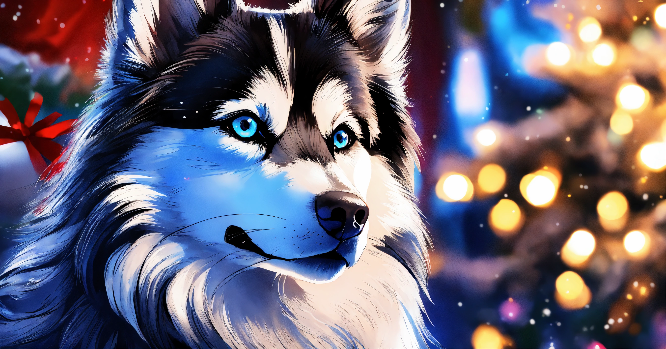 Lexica - Illustration of a magnificent black and white pomsky with blue ...