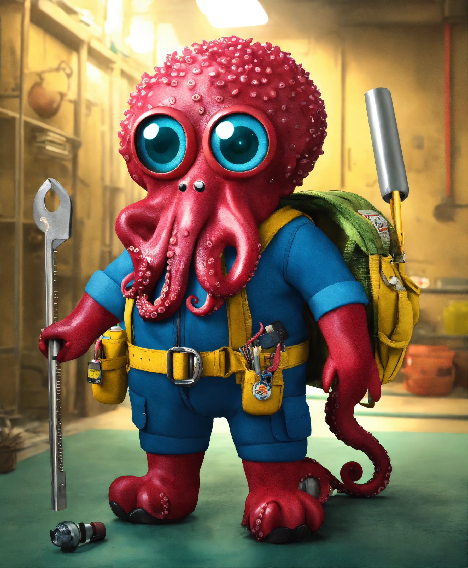 Lexica - Octopus, wearing tool belt, cartoon, 4K.