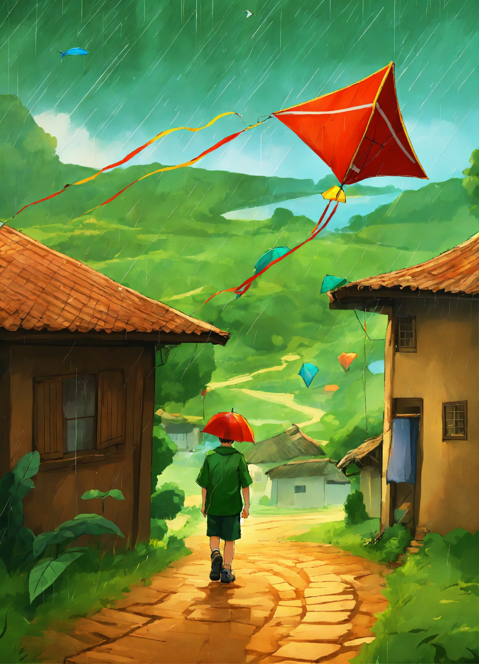 Lexica - Rain , village, boy, Green, cartoon, kite