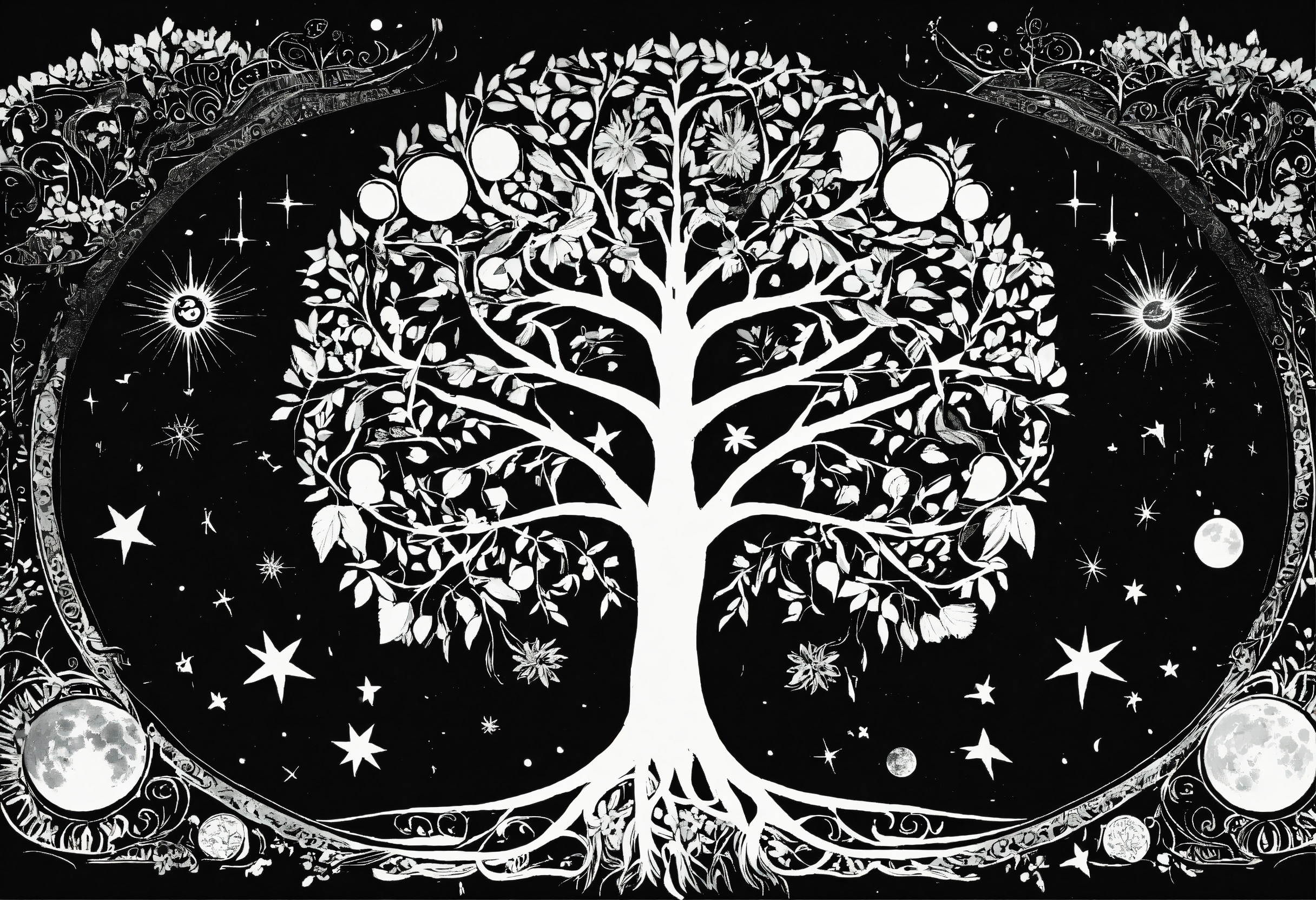 Lexica - Tree of life black and white no leaf with moon sun and stars